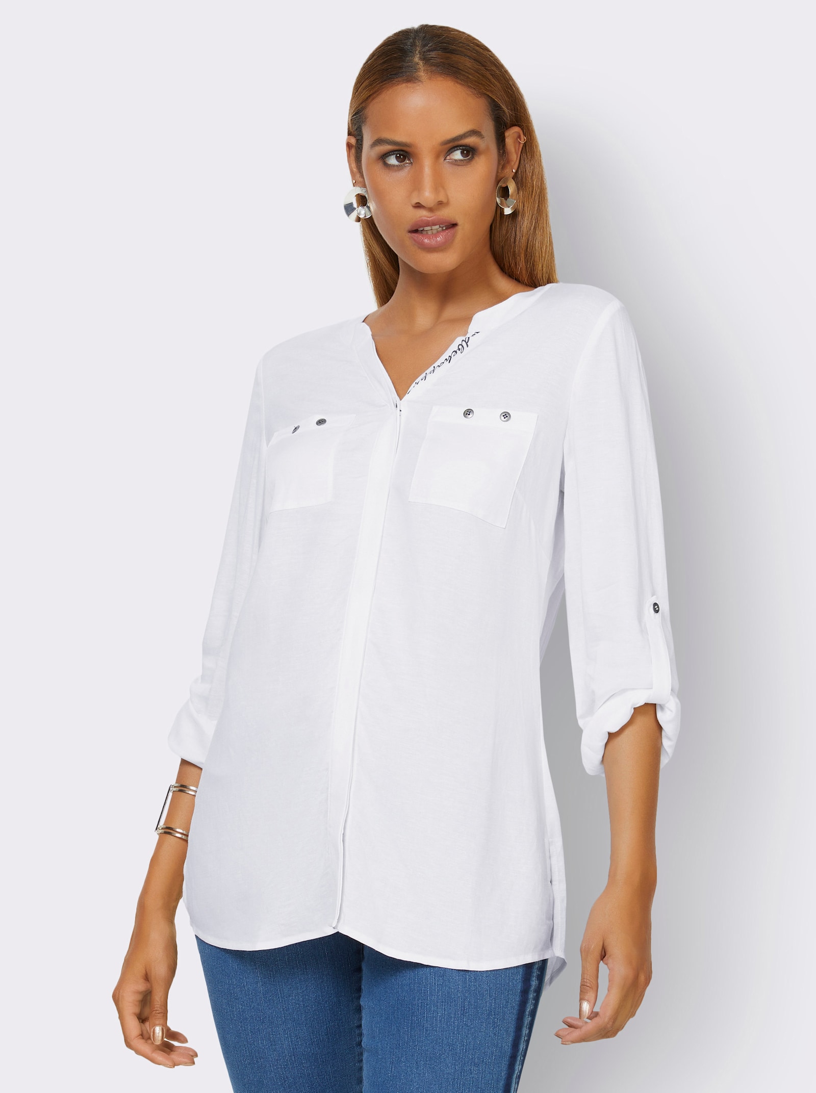 Langarm-Bluse mit krempelbaren Ärmeln - weiß