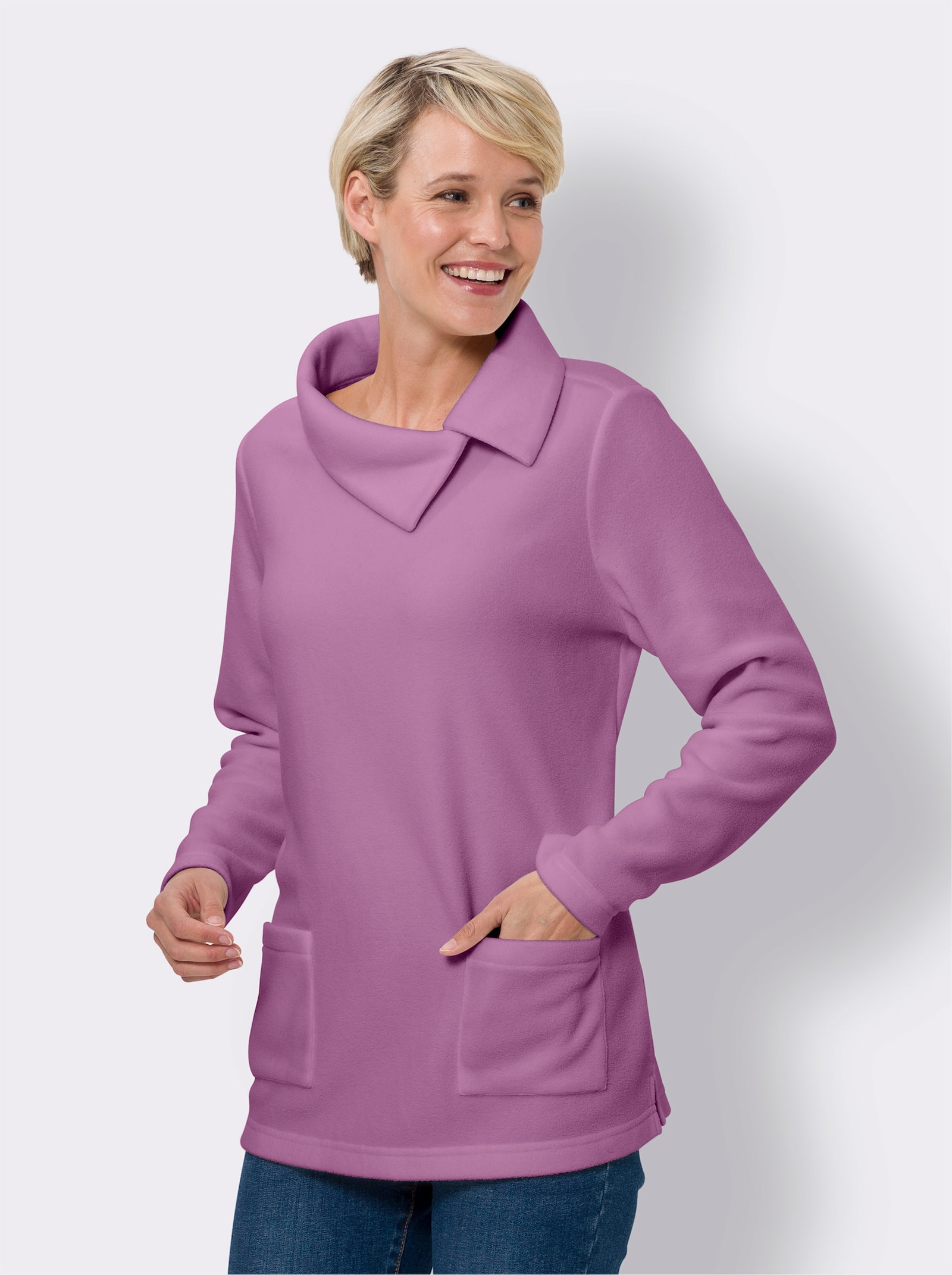 Fleeceshirt met asymmetrische kraag - orchidee