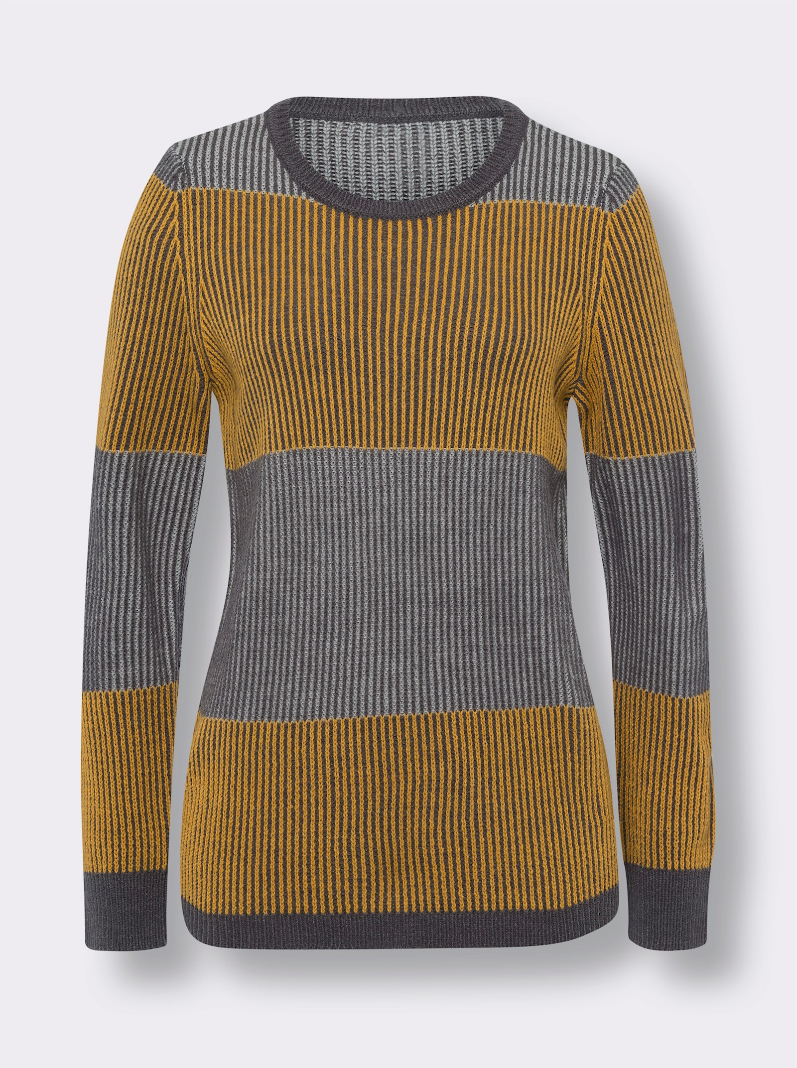 Pulóver, okrúhly výstrih, pruhy - antracitová – melír – okerová – vzor