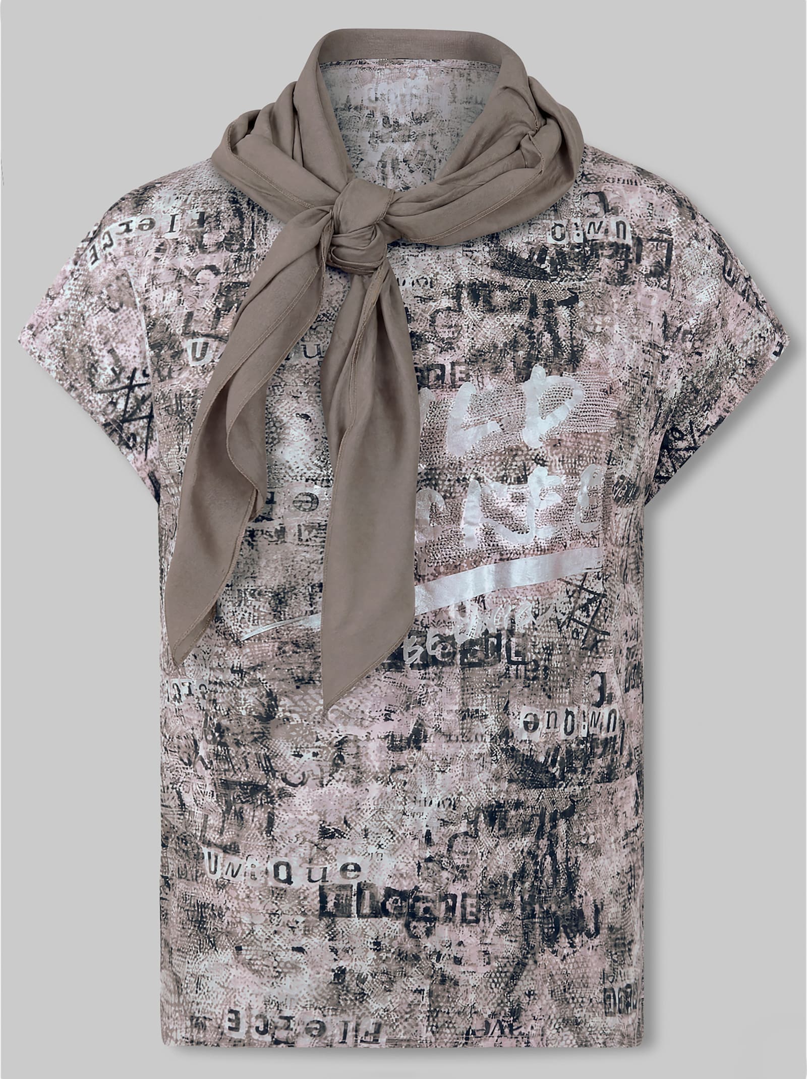 heine Shirt mit Tuch - taupe-ecru-bedruckt