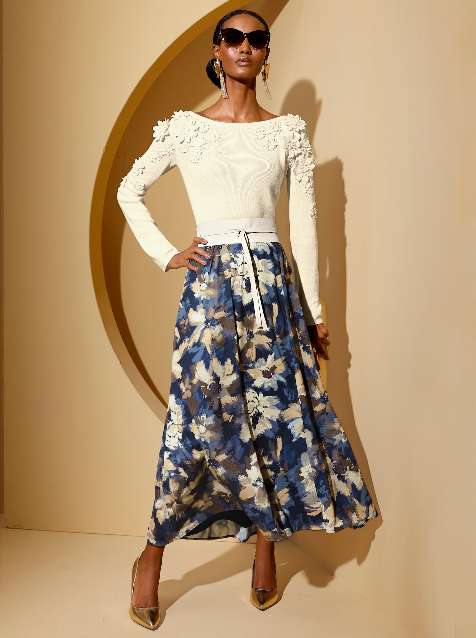 Jupe à panneaux tissée, imprimée - marine-couleur ivoire imprimé