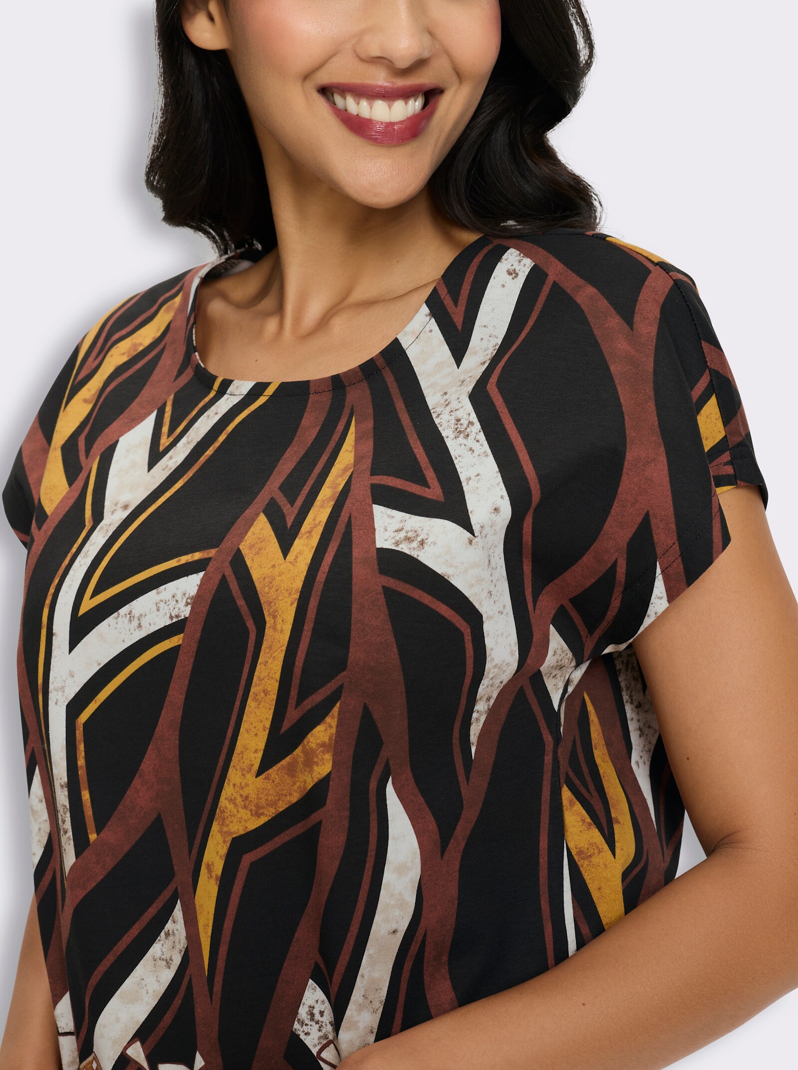Kurzarmshirt mit Bordüren-Druck - schwarz-rotbraun-bedruckt