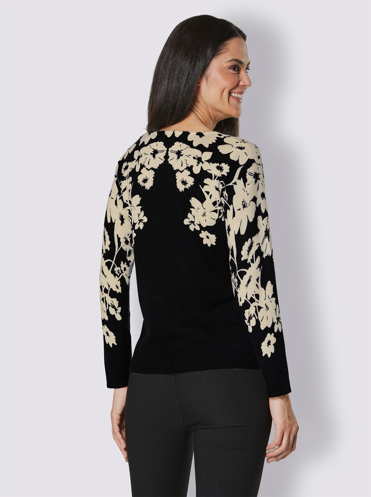 CREATION L PREMIUM Merino-Kaschmir-Pullover - graphit-ecru-bedruckt