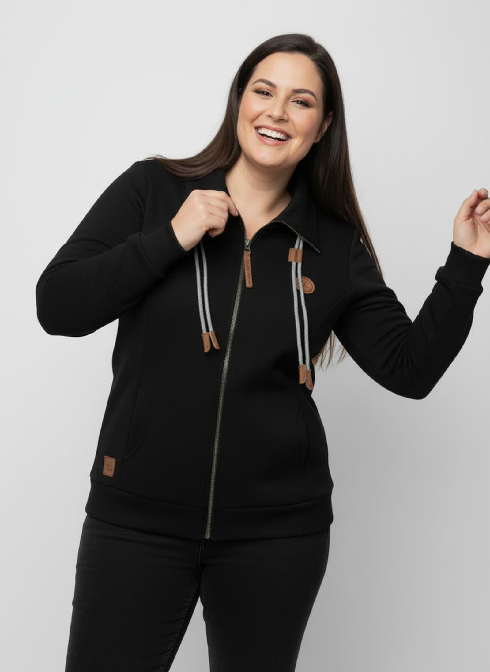 Sweatjacke mit Rippbündchen - schwarz