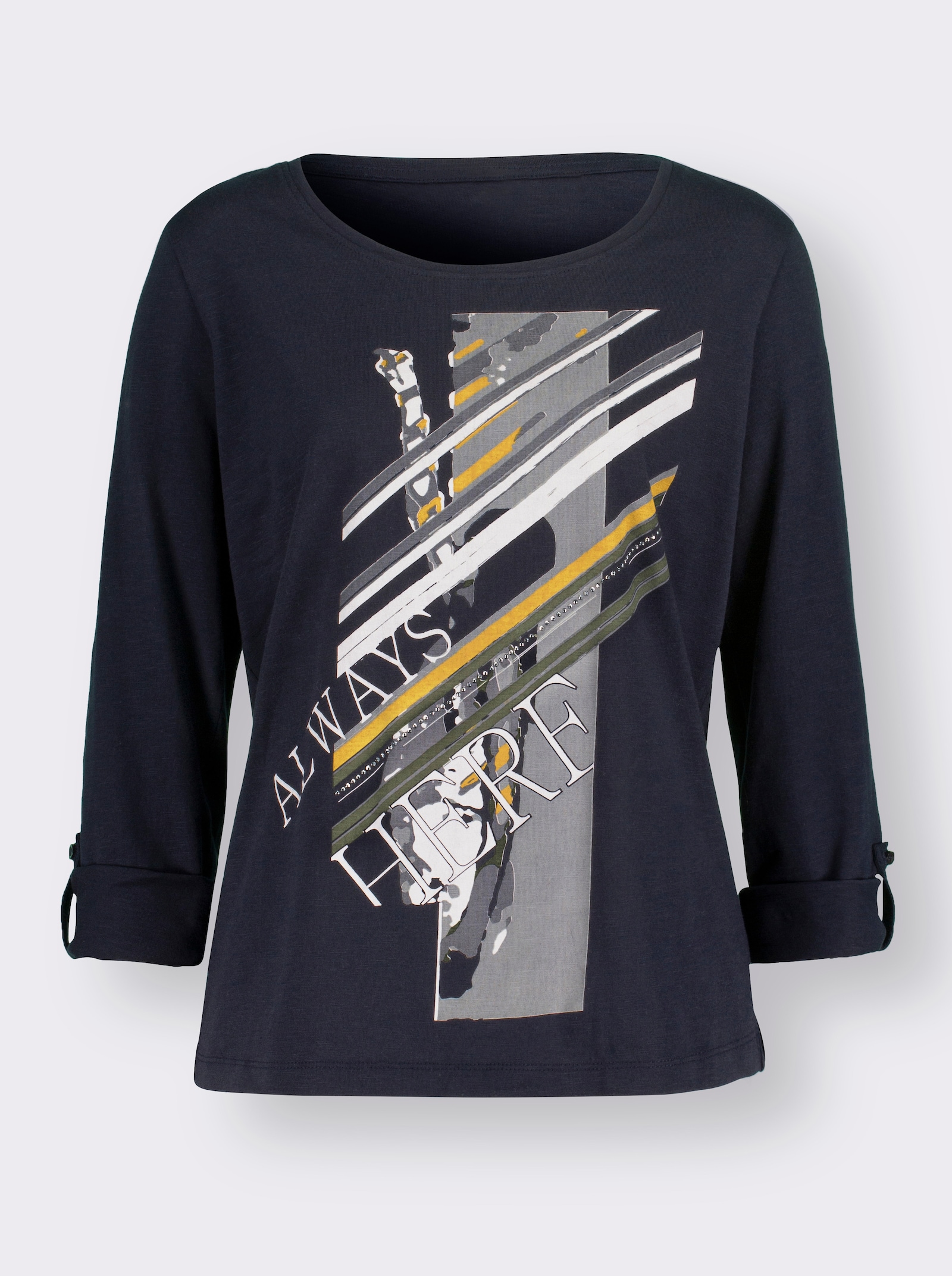 Langarmshirt mit Glitzersteinchen-Verzierung - marine-weiß-bedruckt