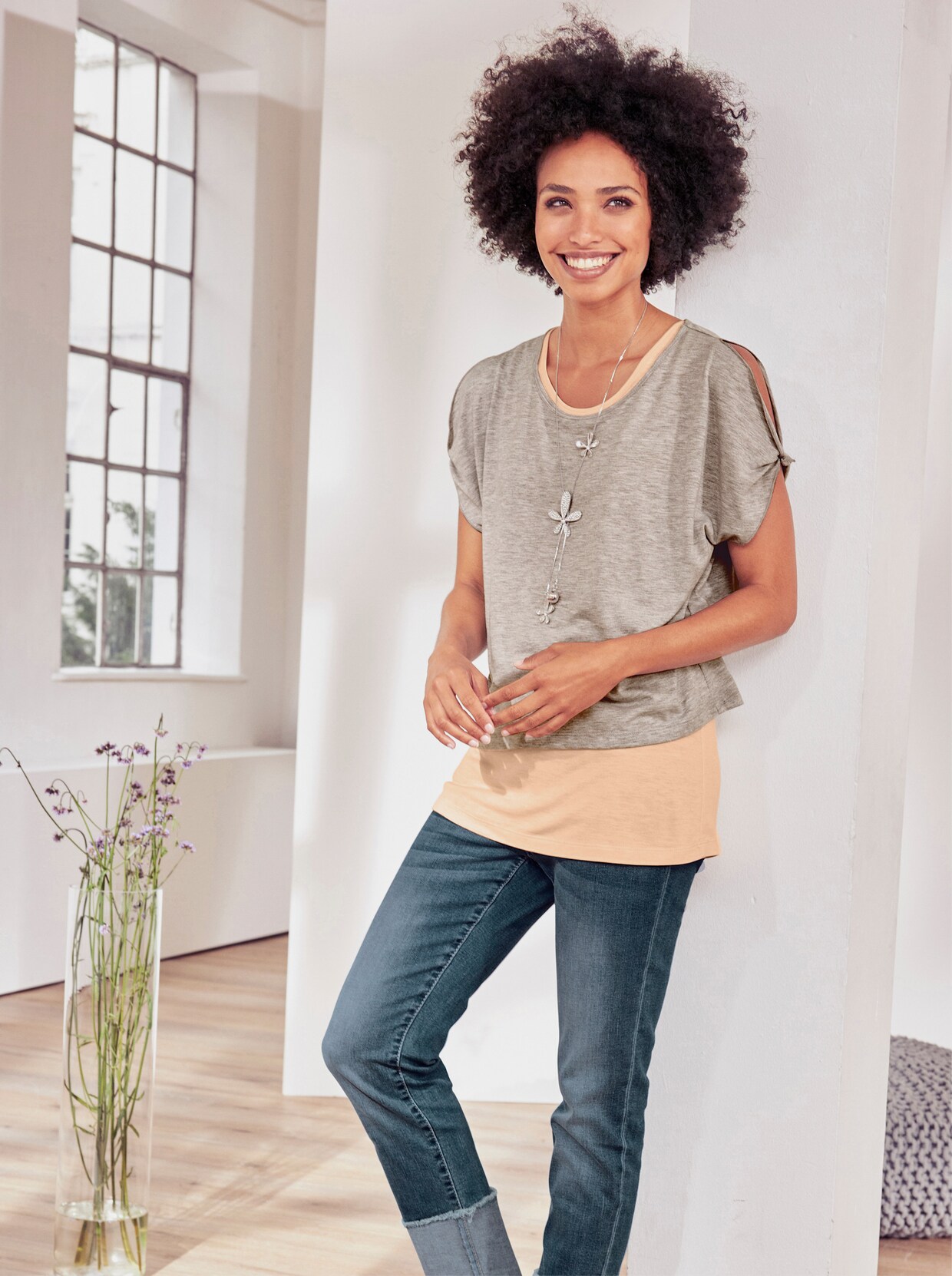 heine Shirt 2-Teiler - hellgrau-apricot-meliert