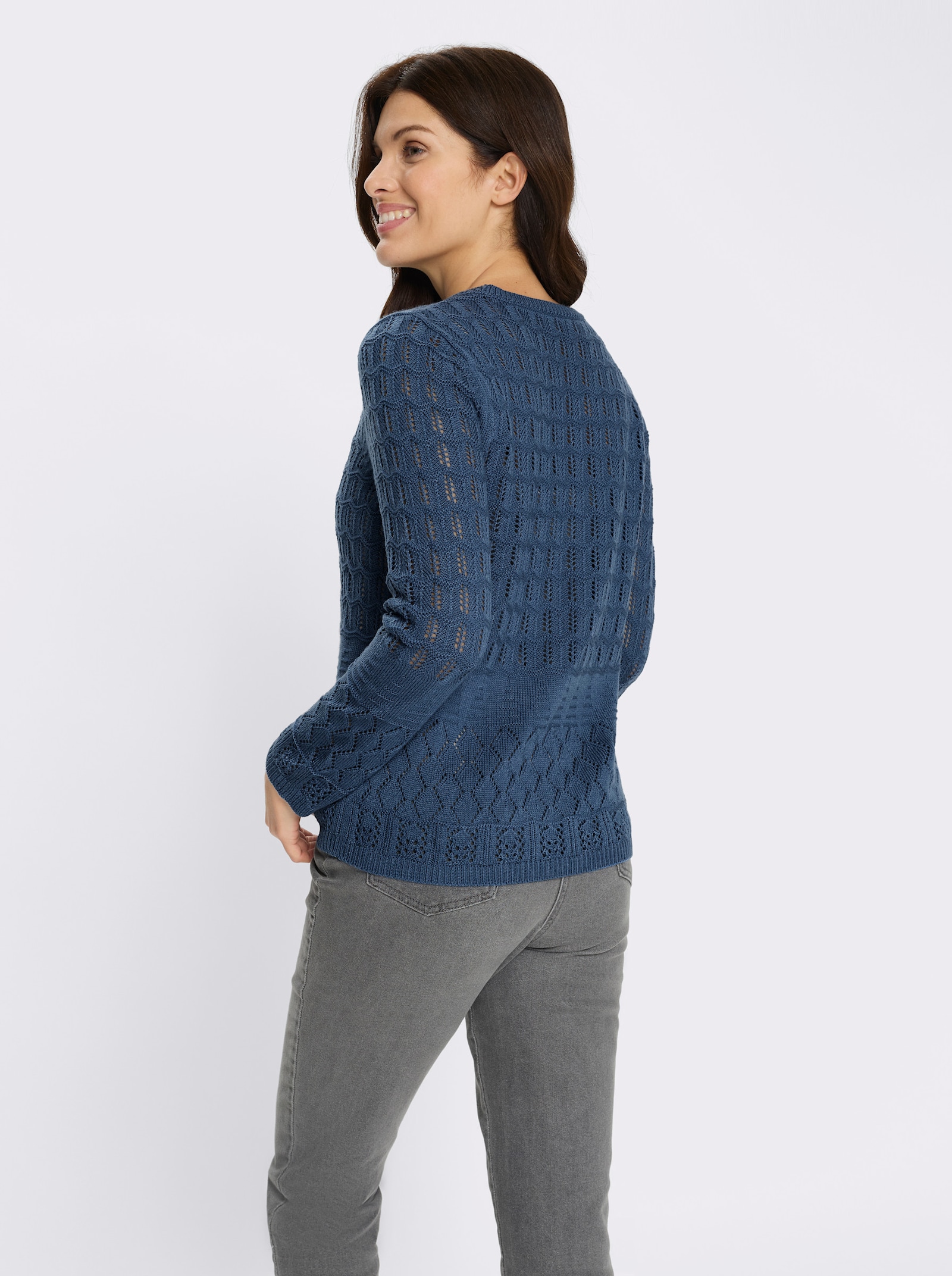 Ajourpullover mit gerippten Bündchen - jeansblau