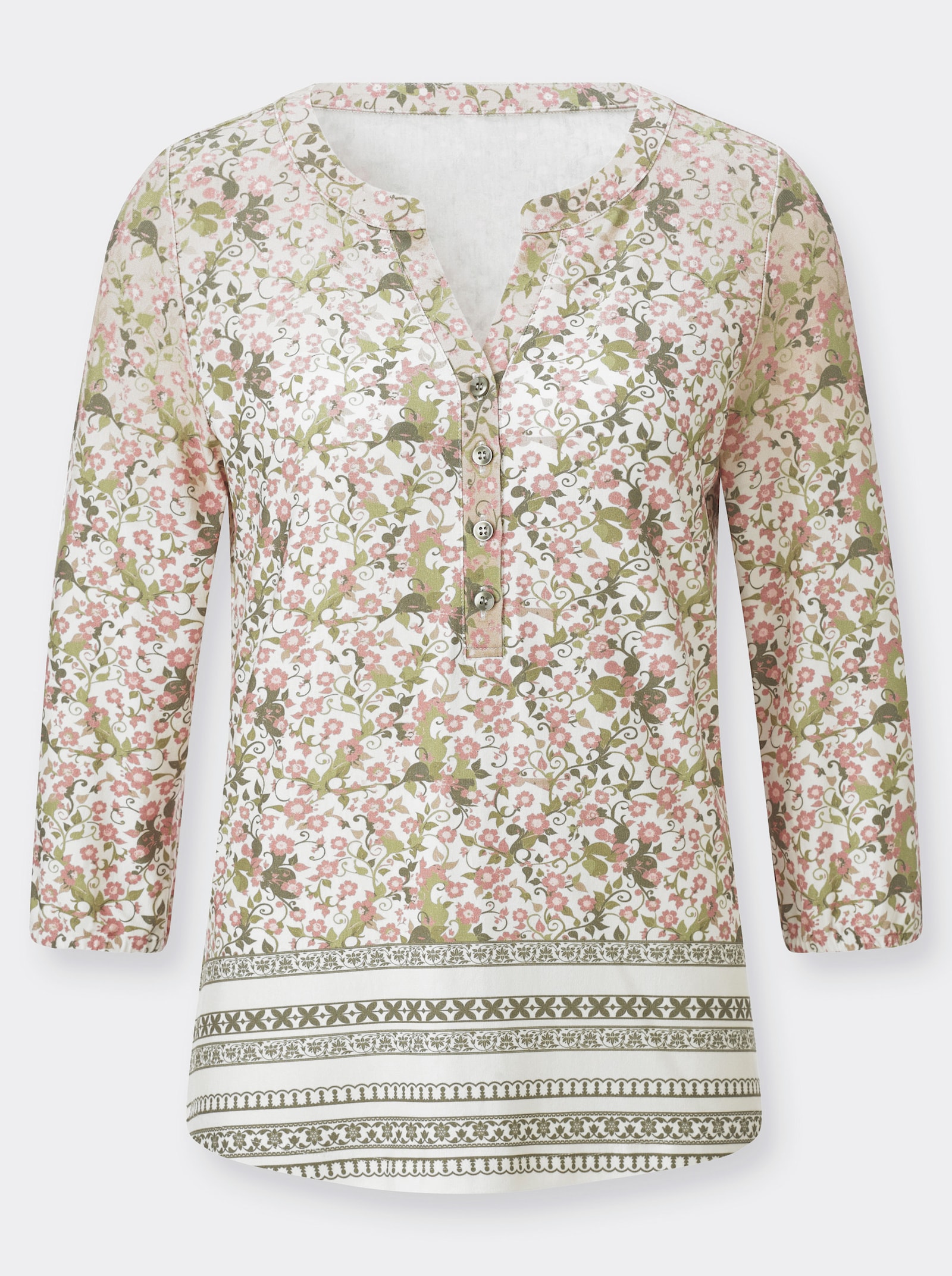 3/4-Arm-Shirt mit Bordürendruck am Saum - khaki-hortensie-bedruckt