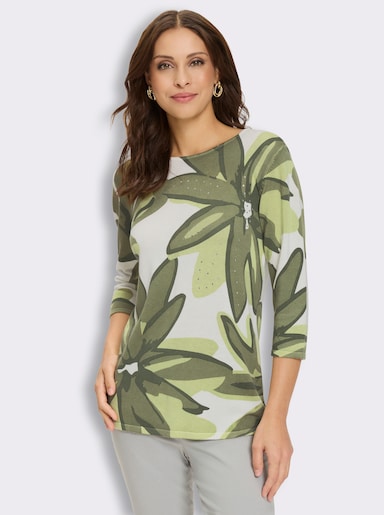 3/4-Arm-Pullover mit Glitzersteinchen - weiß-schilf-bedruckt