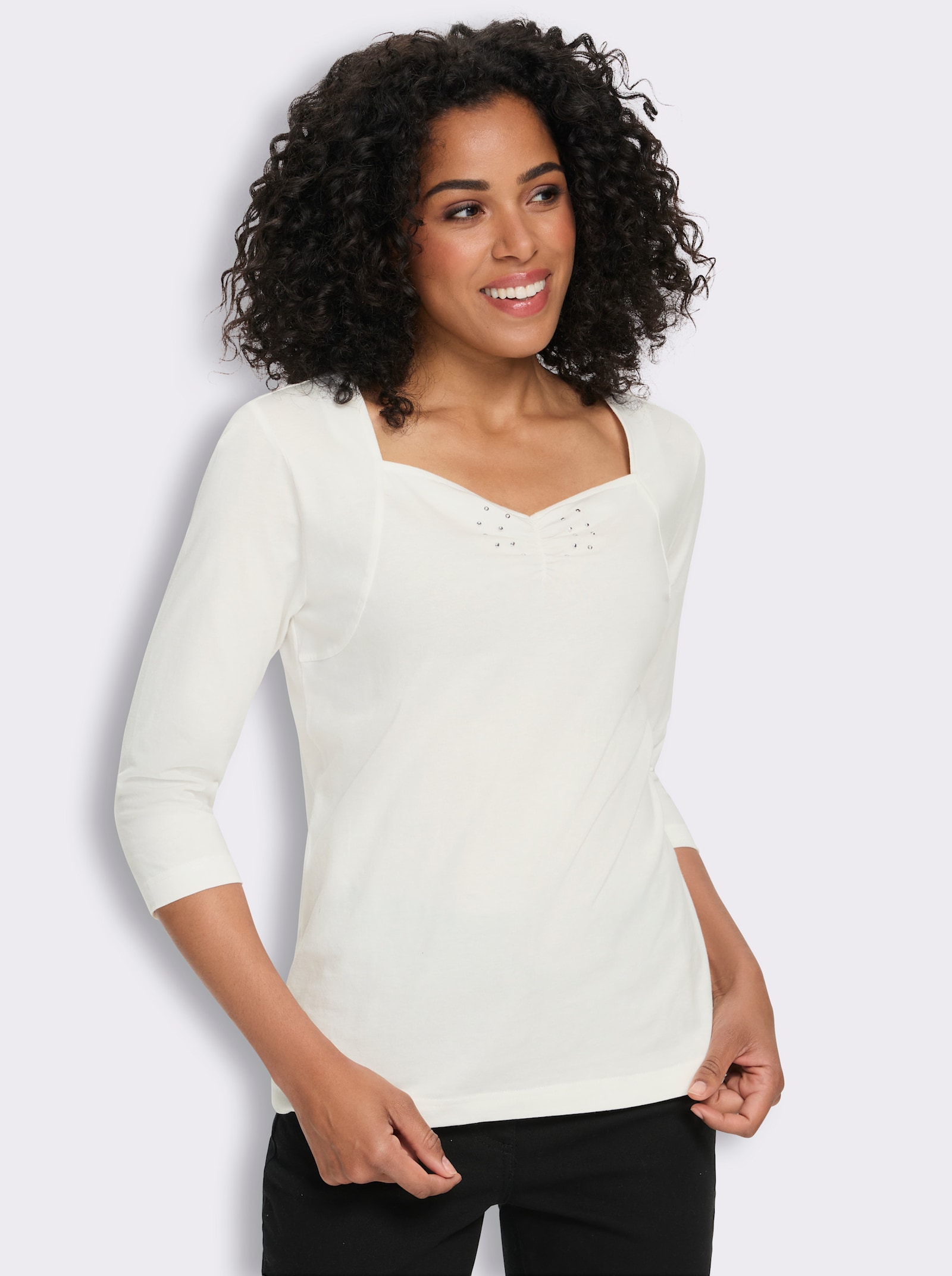 3/4-Arm-Shirt mit Herz-Ausschnitt, Baumwolle - ecru