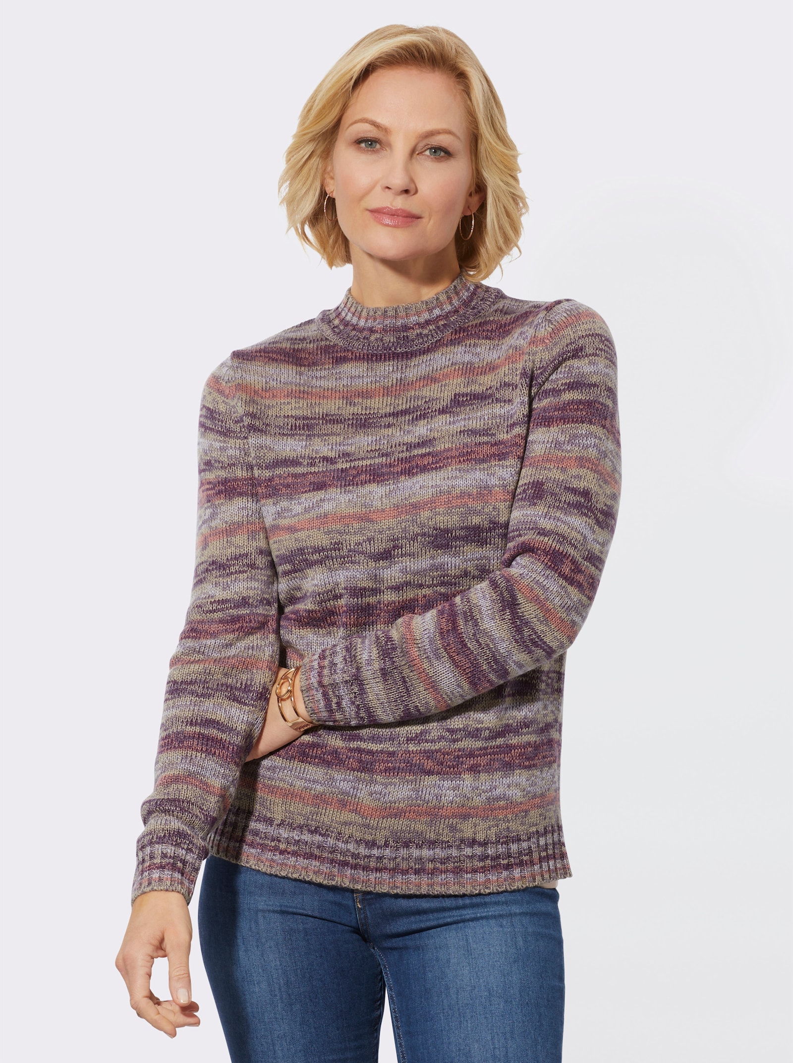 Pullover van onderhoudsarm gemêleerd materiaal, met opstaande kraag - druif/sesam gemêleerd