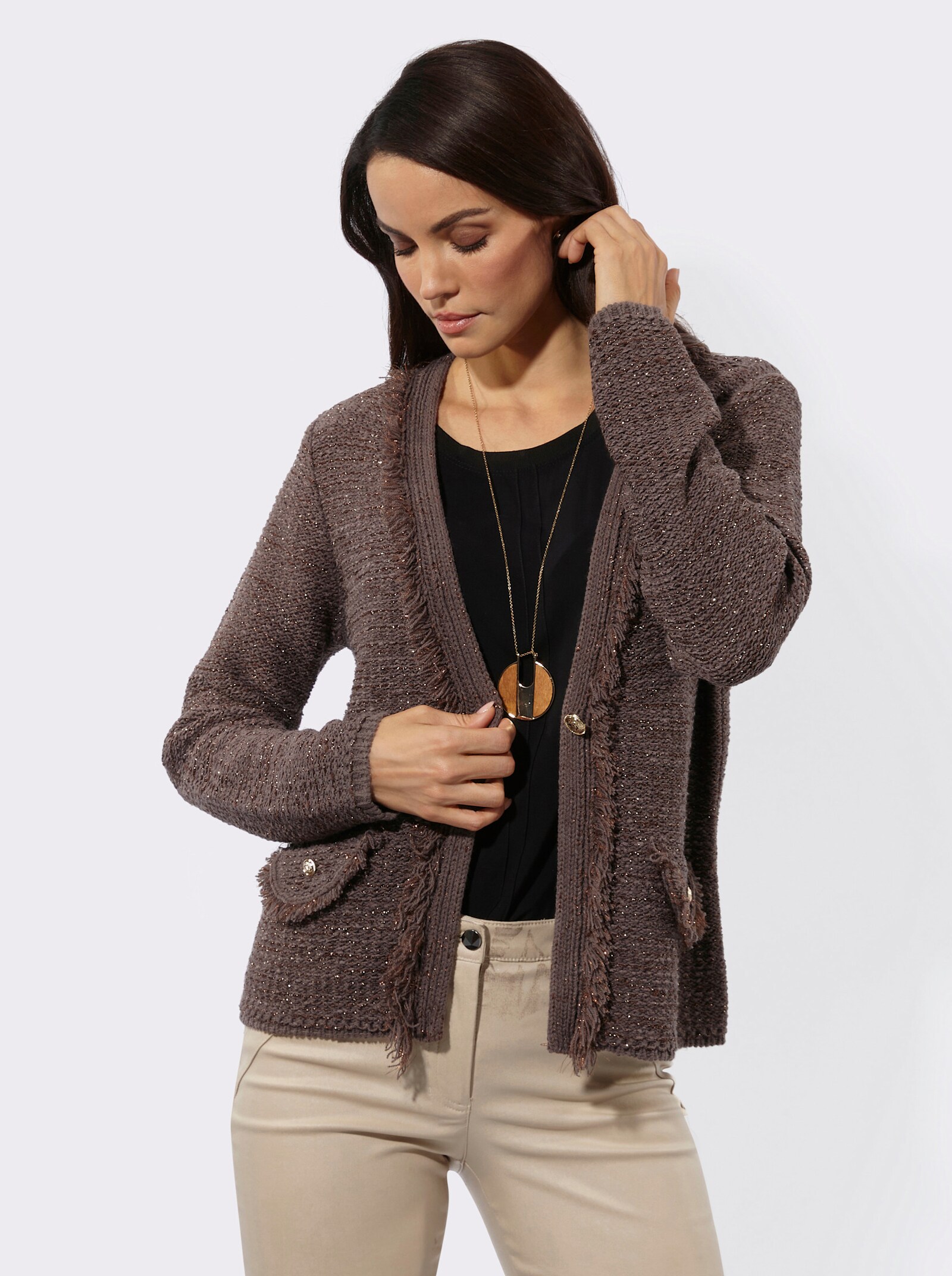 Cardigan mit Fransen - dunkeltaupe