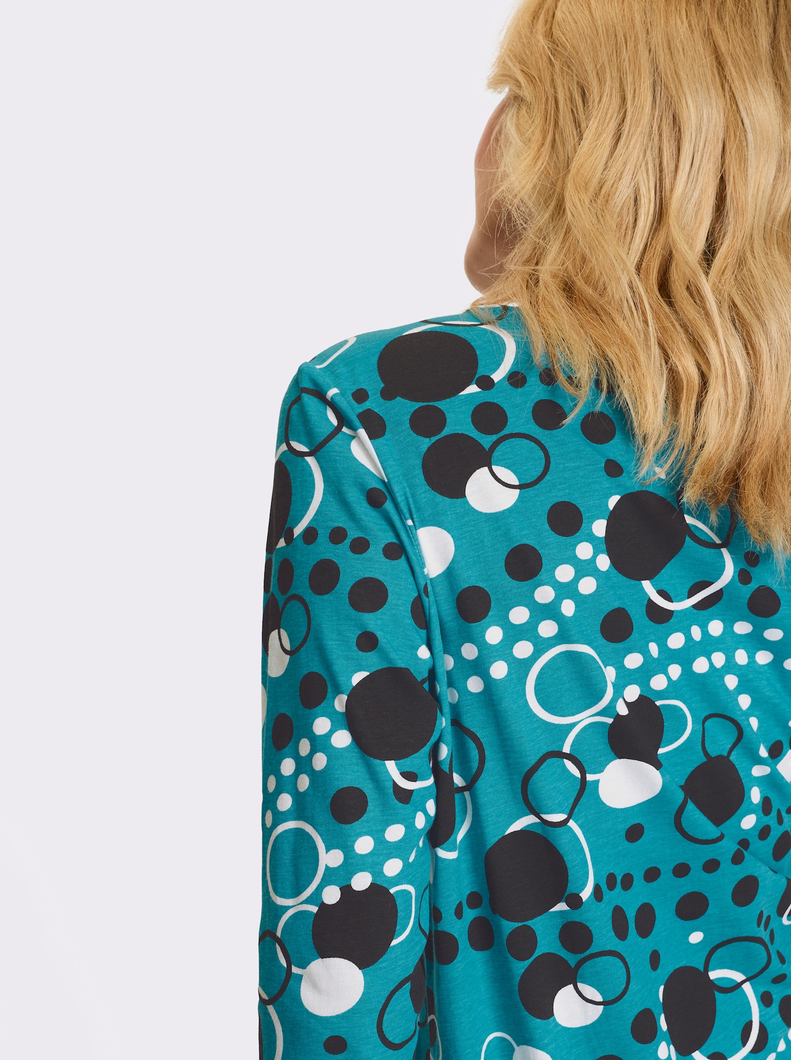 Longshirt in leicht ausgestellter Form - türkis-schwarz-bedruckt