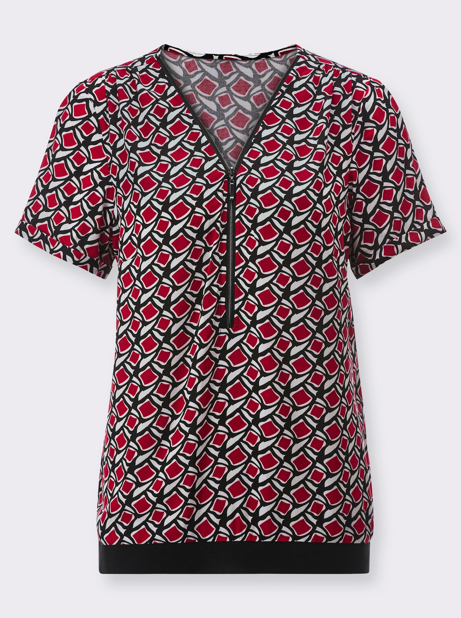 Druckbluse mit langem Reißverschluss - rot-schwarz-bedruckt