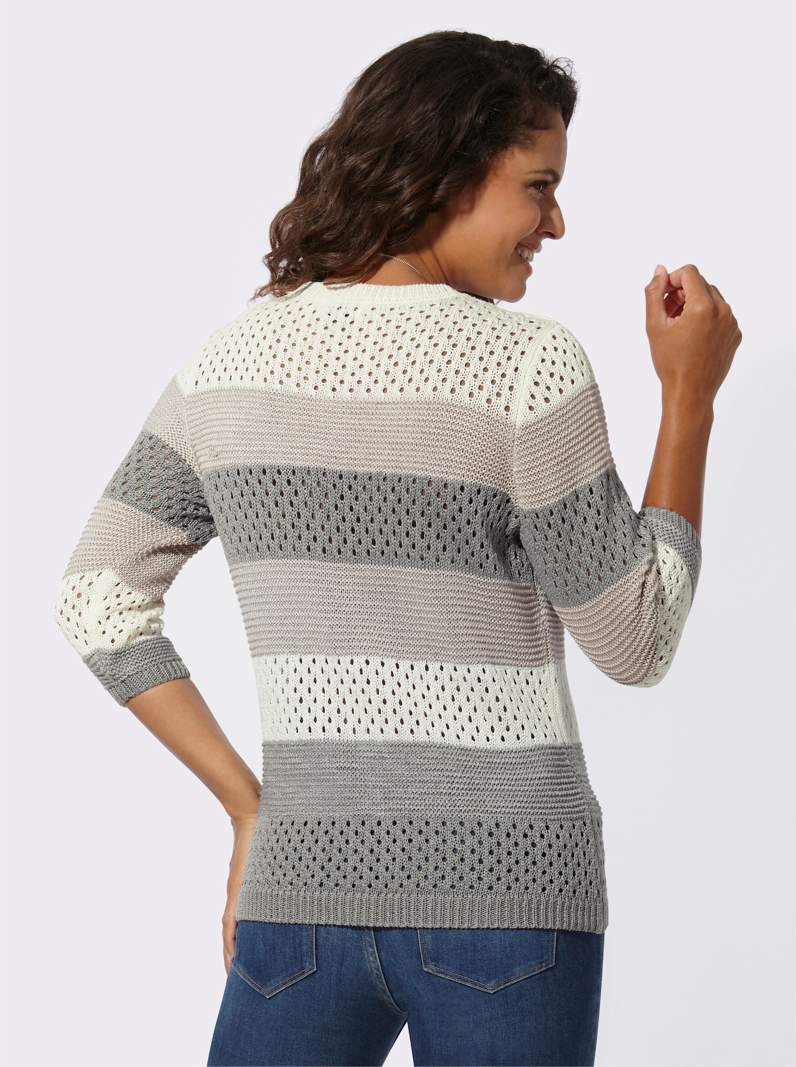 Ajourpullover aus Bändchengarn - steingrau-ecru-geringelt