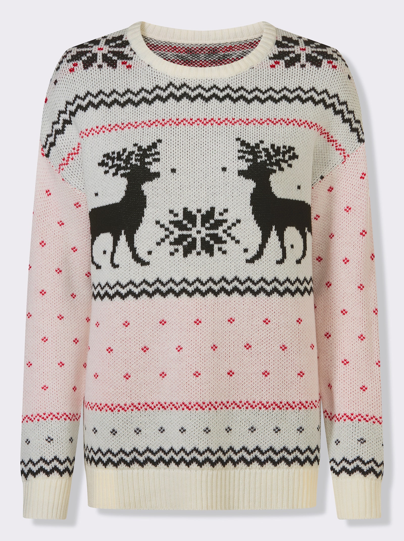 Langarm-Pullover mit Rentier-Motiv - ecru-schwarz-gemustert