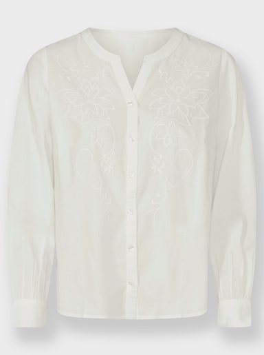 Baumwollbluse mit Blüten-Stickerei - ecru