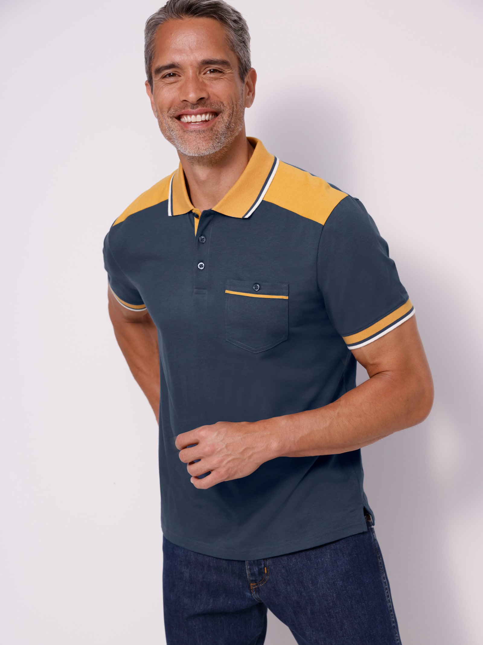 Poloshirt met borstzak met knoop - donkerblauw