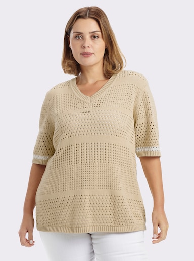 sheego Strickpullover mit Kontraststreifen an den Halbarmen - sand