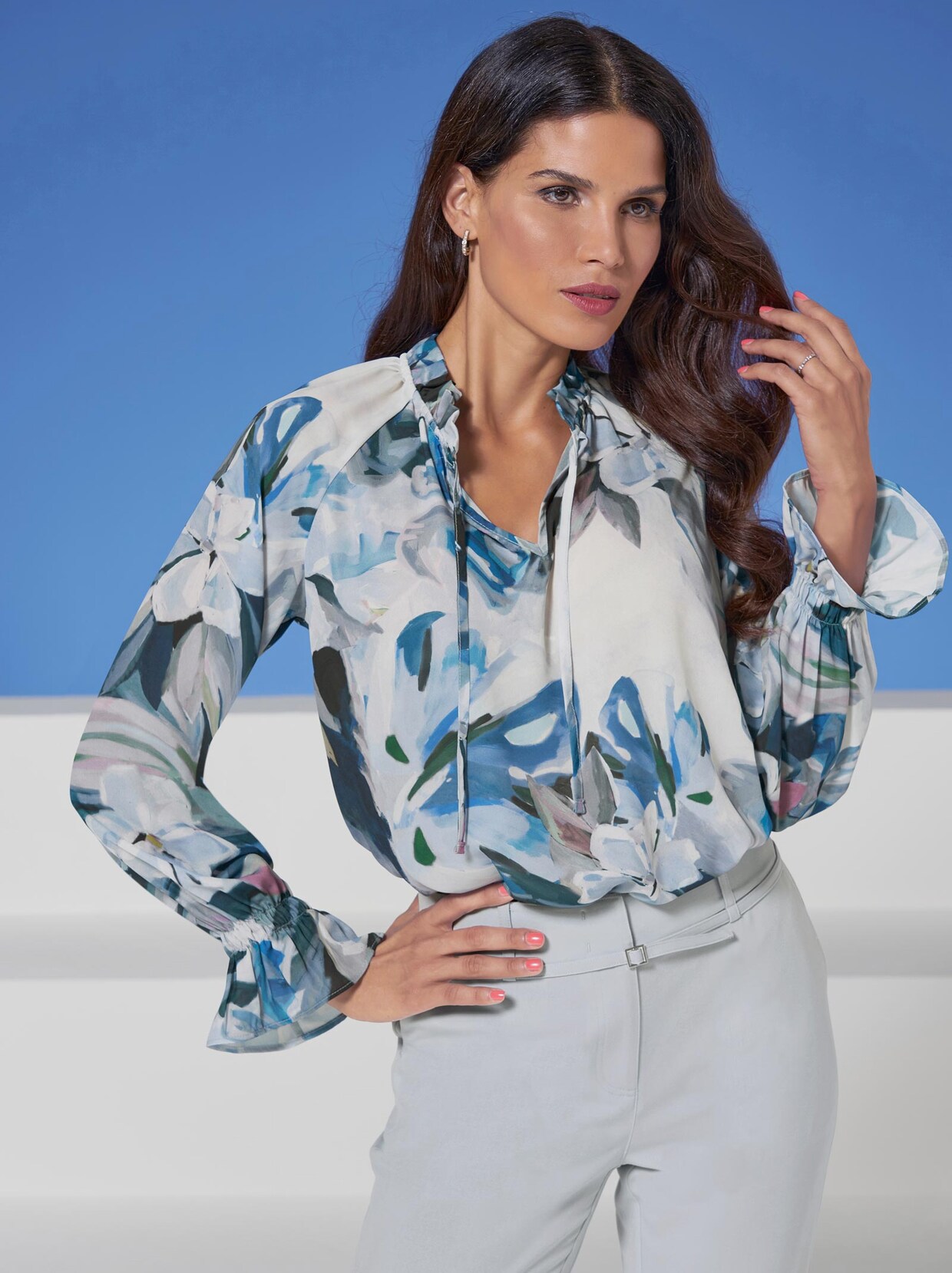 Ashley Brooke Bluse - hellblau-mauve-bedruckt