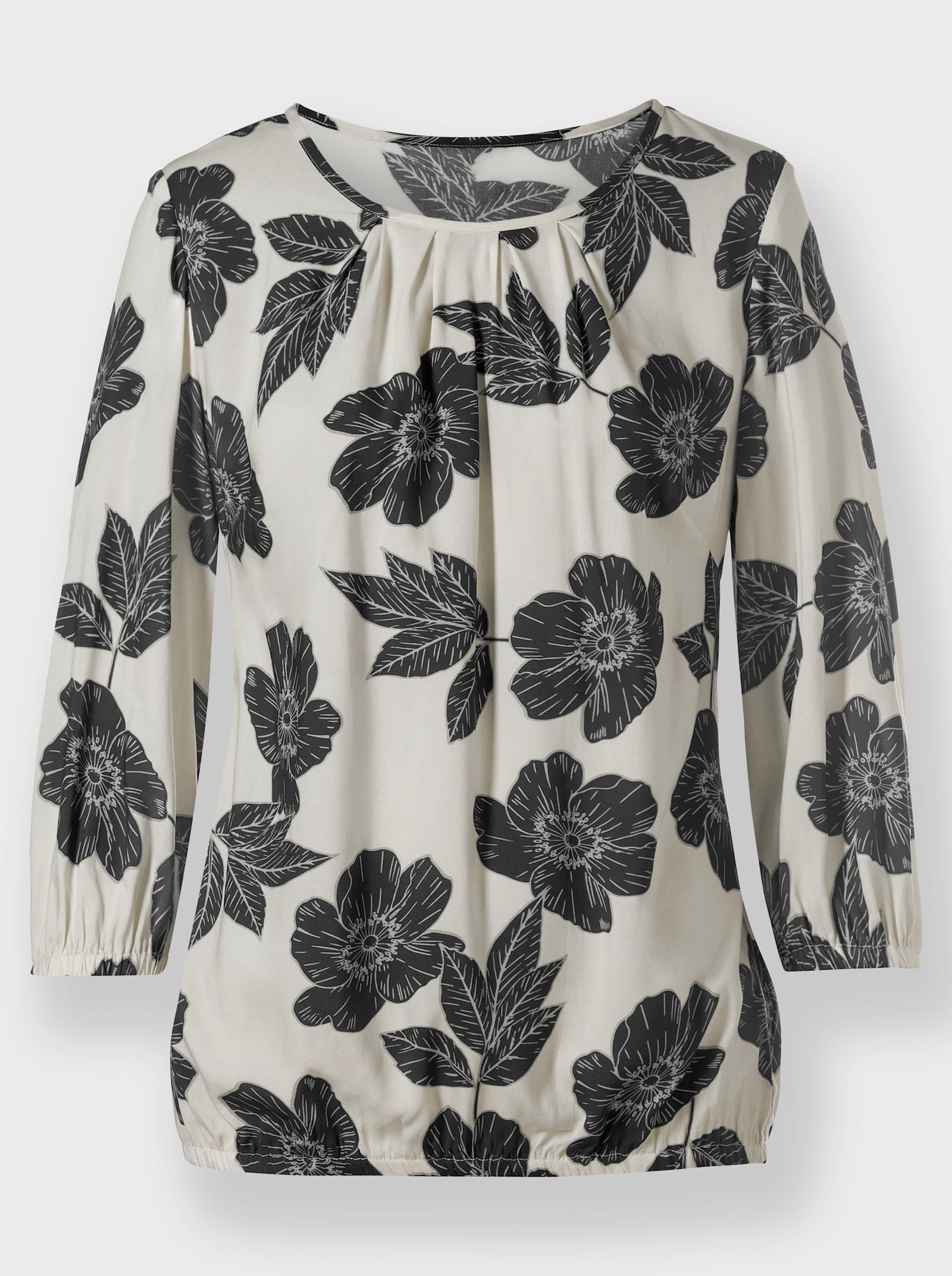 Druckbluse mit elastischen Bündchen - champagner-schwarz-bedruckt