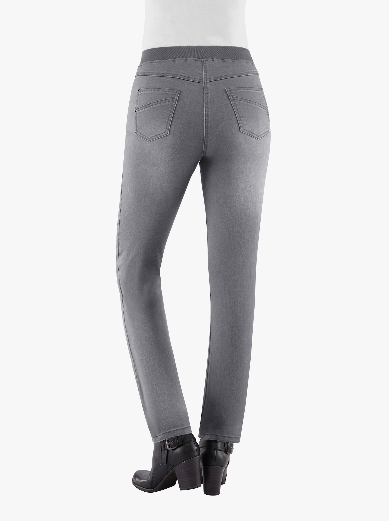 Schlupfjeans mit geripptem Strick-Dehnbund - grey-denim