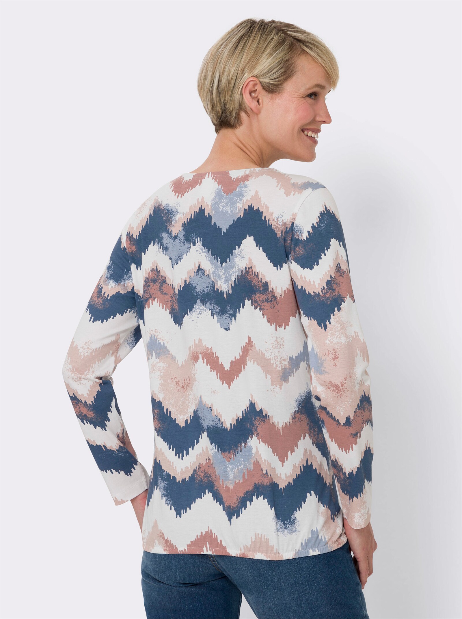 Langarmshirt mit Gummizug am Saum - ecru-jeansblau-bedruckt