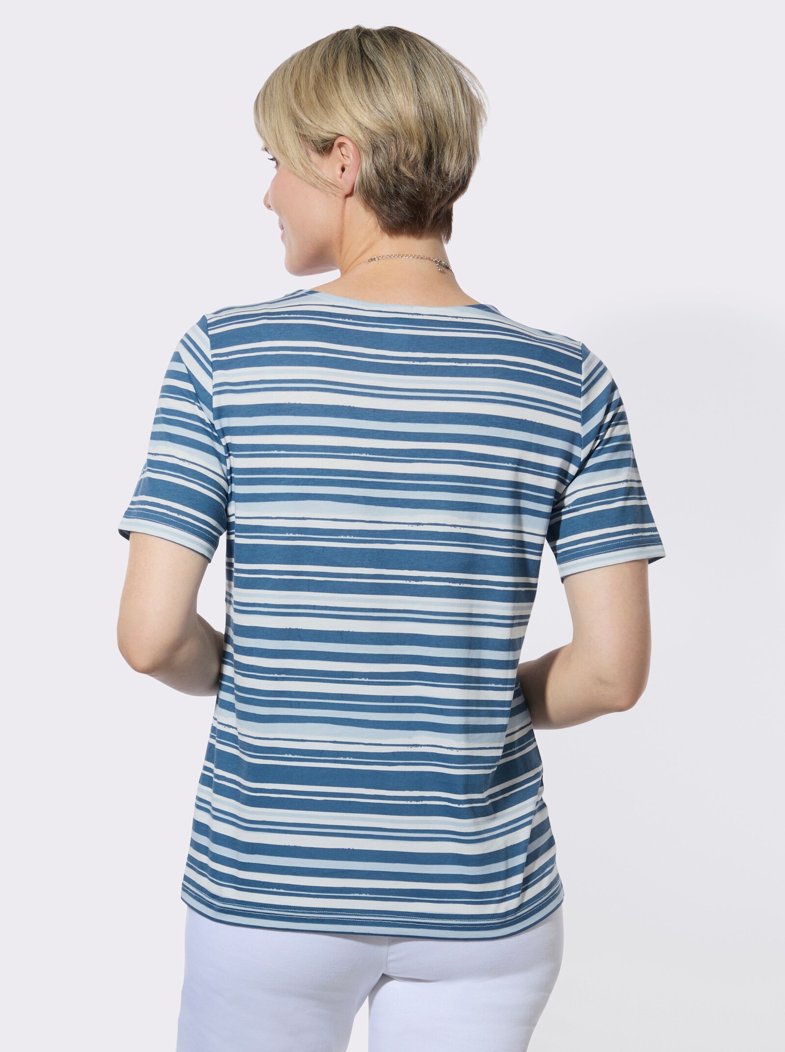 Kurzarmshirt im Ringel-Dessin - jeansblau-ecru-bedruckt
