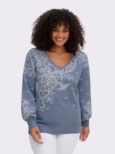 sheego by Joe Browns Jacquardpullover mit Blüten - taubenblau-champagner-gemustert