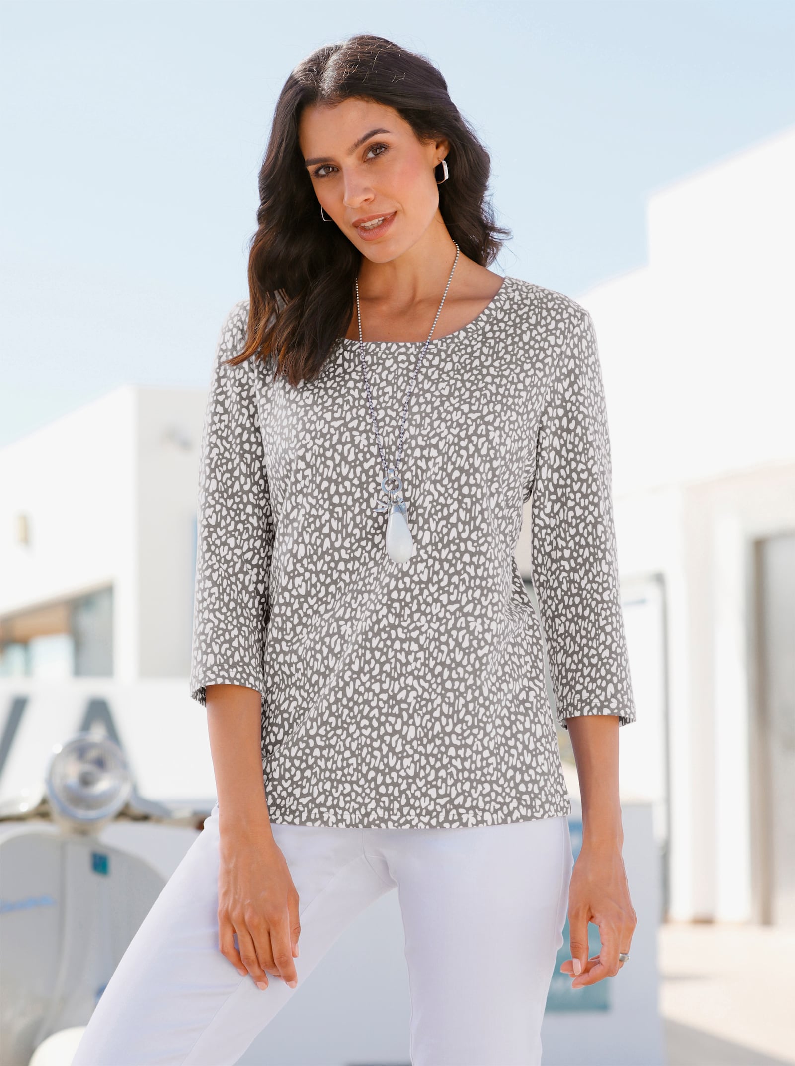 Tričko s 3/4 rukávem a drobným potiskem - bílá-šedá-potisk