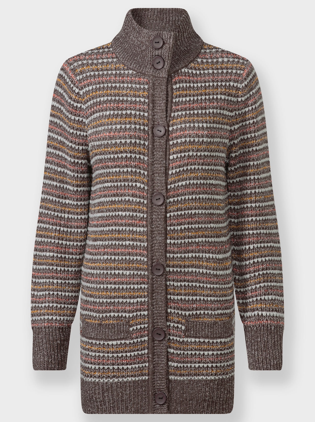 Strickjacke mit hohem Stehkragen - dunkeltaupe-ecru-meliert