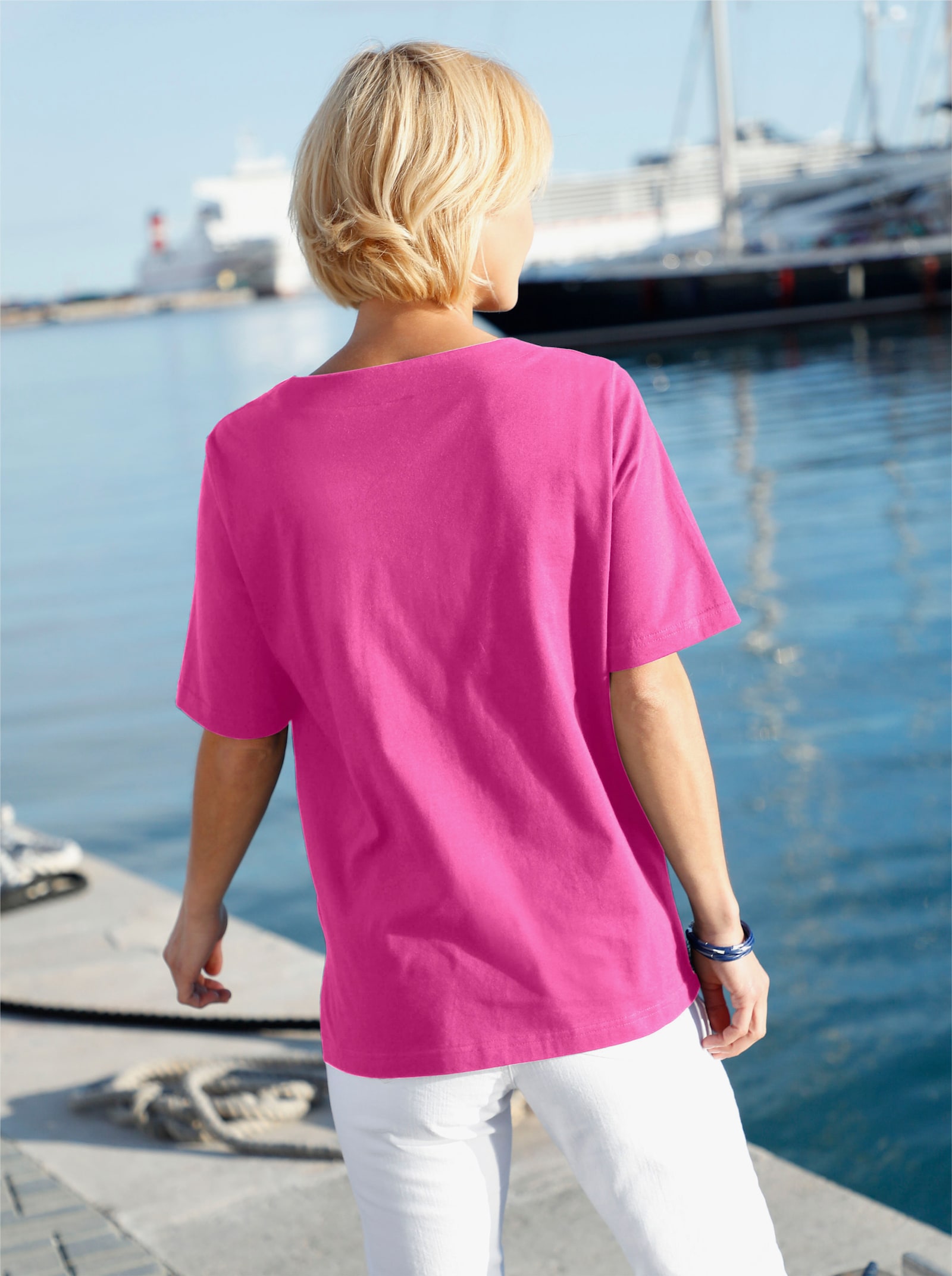 Kurzarmshirt mit Muschel-Druck - fuchsia