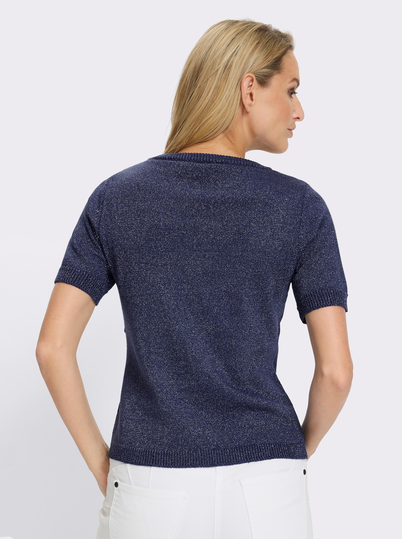 heine Kurzarmpullover mit Zierperlen Applikation - dunkelblau