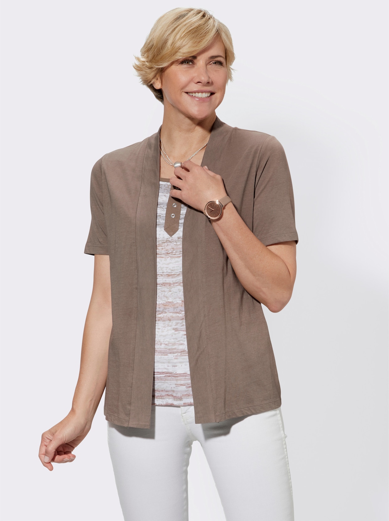 2-in-1-shirt - taupe gedessineerd