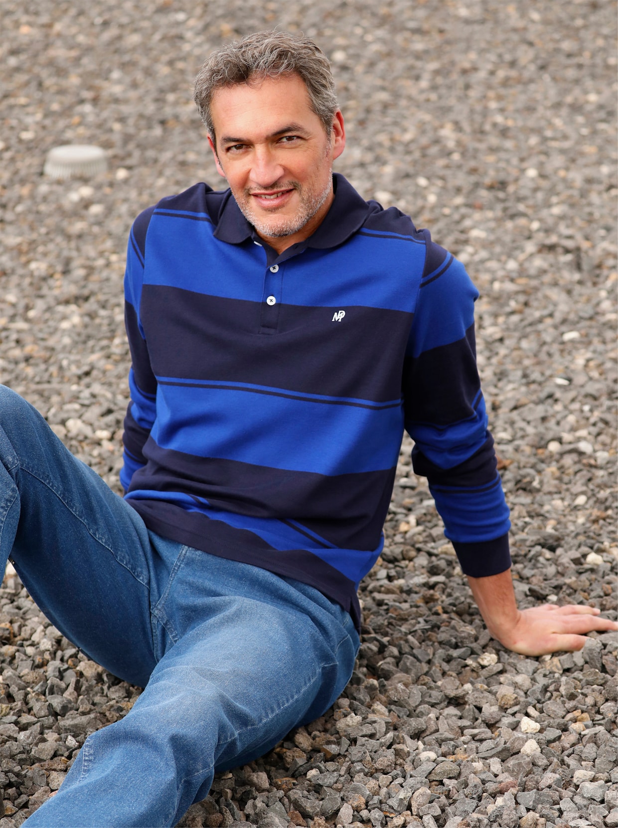 Marco Donati Poloshirt met lange mouwen - marine/koningsblauw gestreept