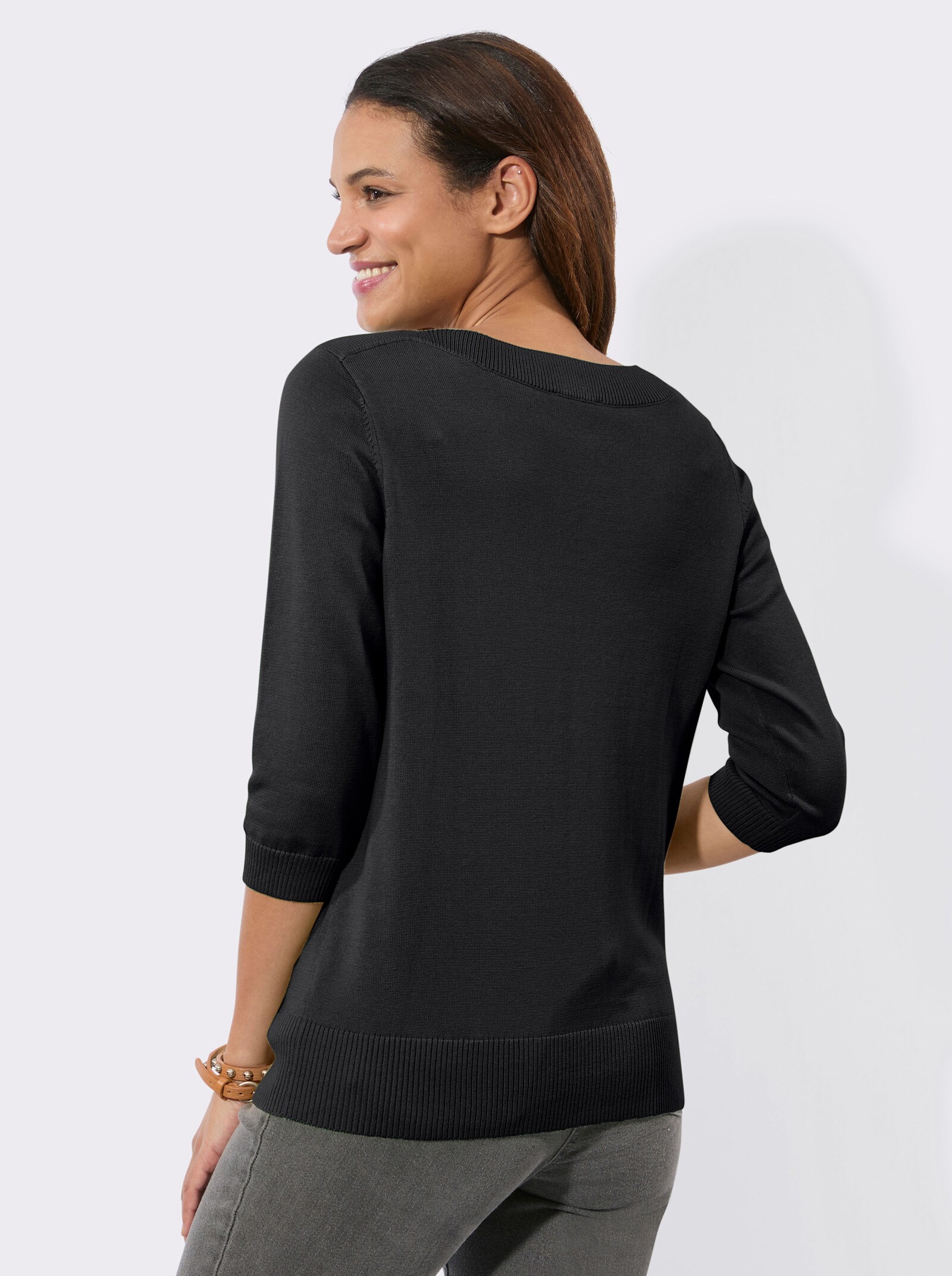 3/4 Arm-Pullover mit U-Boot-Ausschnitt - schwarz
