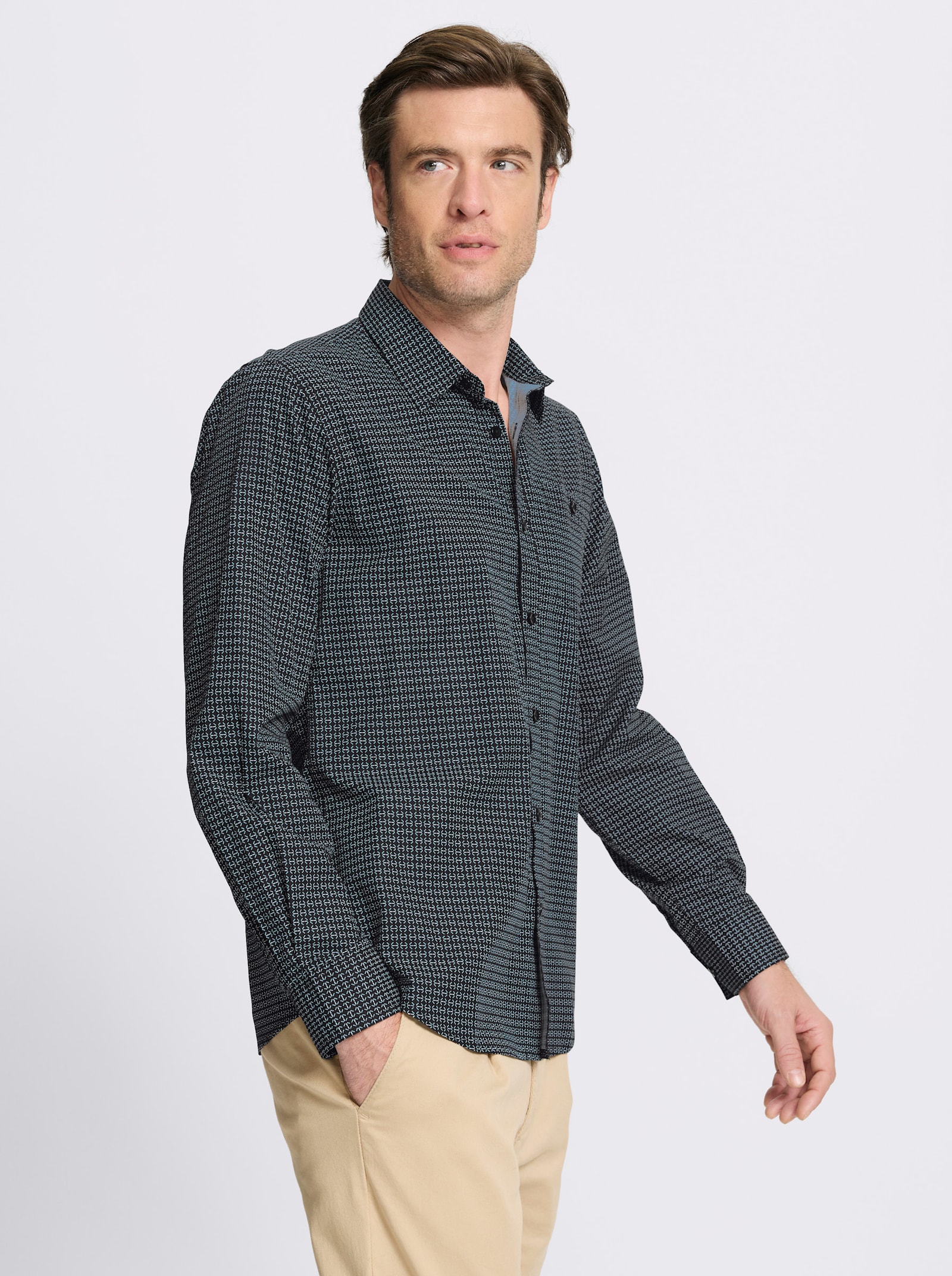 Marco Donati Langarmhemd aus Baumwoll-Popeline, bedruckt - schwarz-gemustert