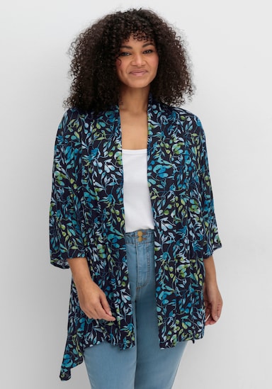 sheego Longbluse mit Blätterdruck, in Zipfelform - tiefblau-bedruckt