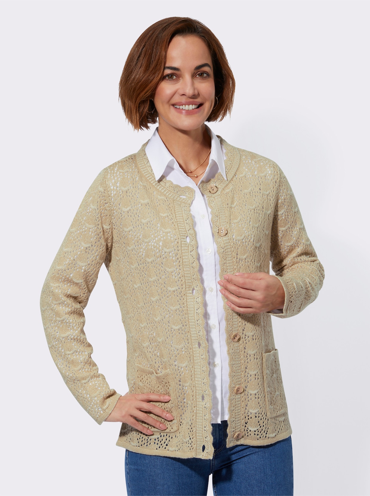 Ajourstrickjacke - beige-meliert