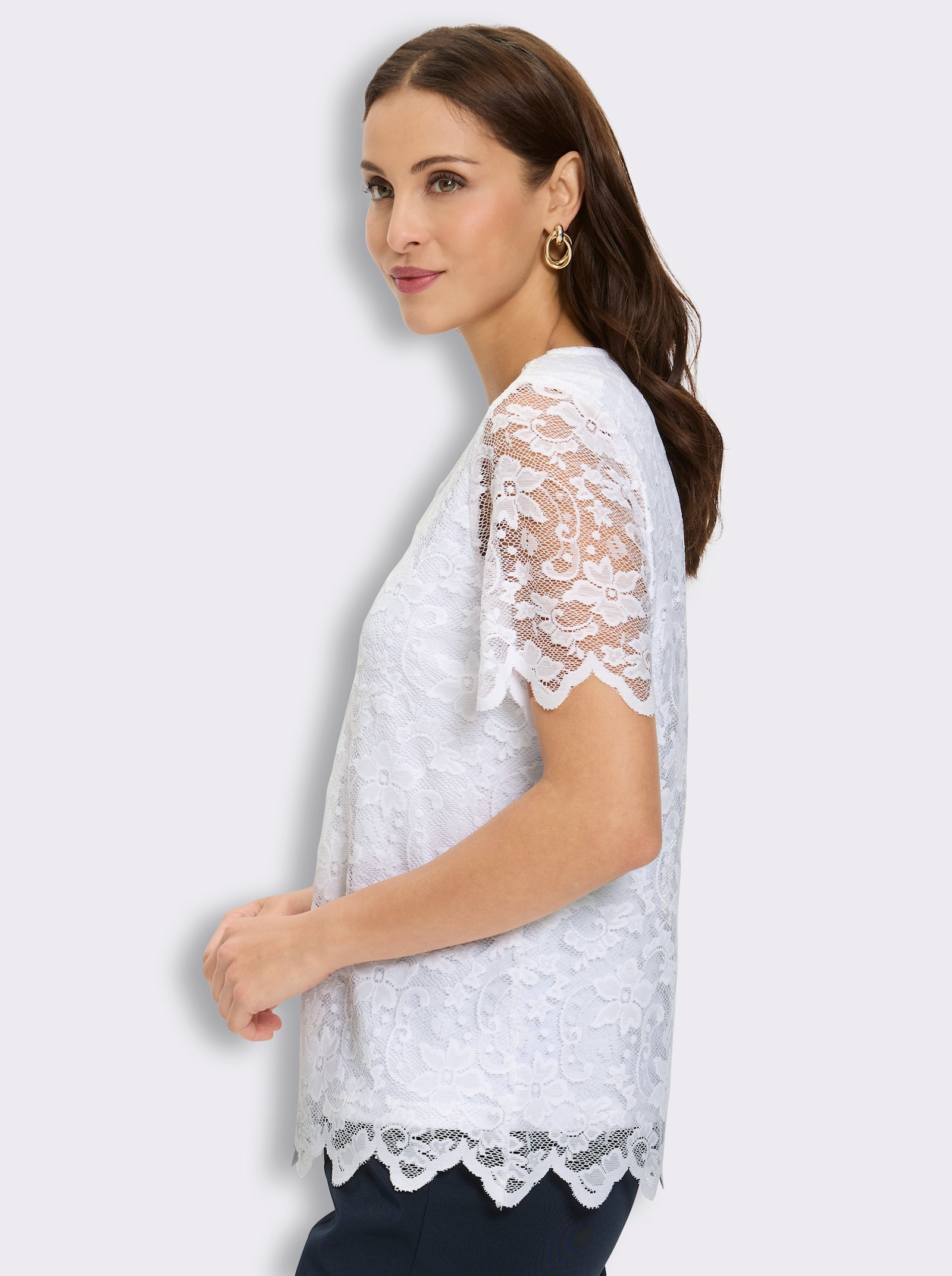 Spitzenshirt mit transparenten Ärmeln - weiß