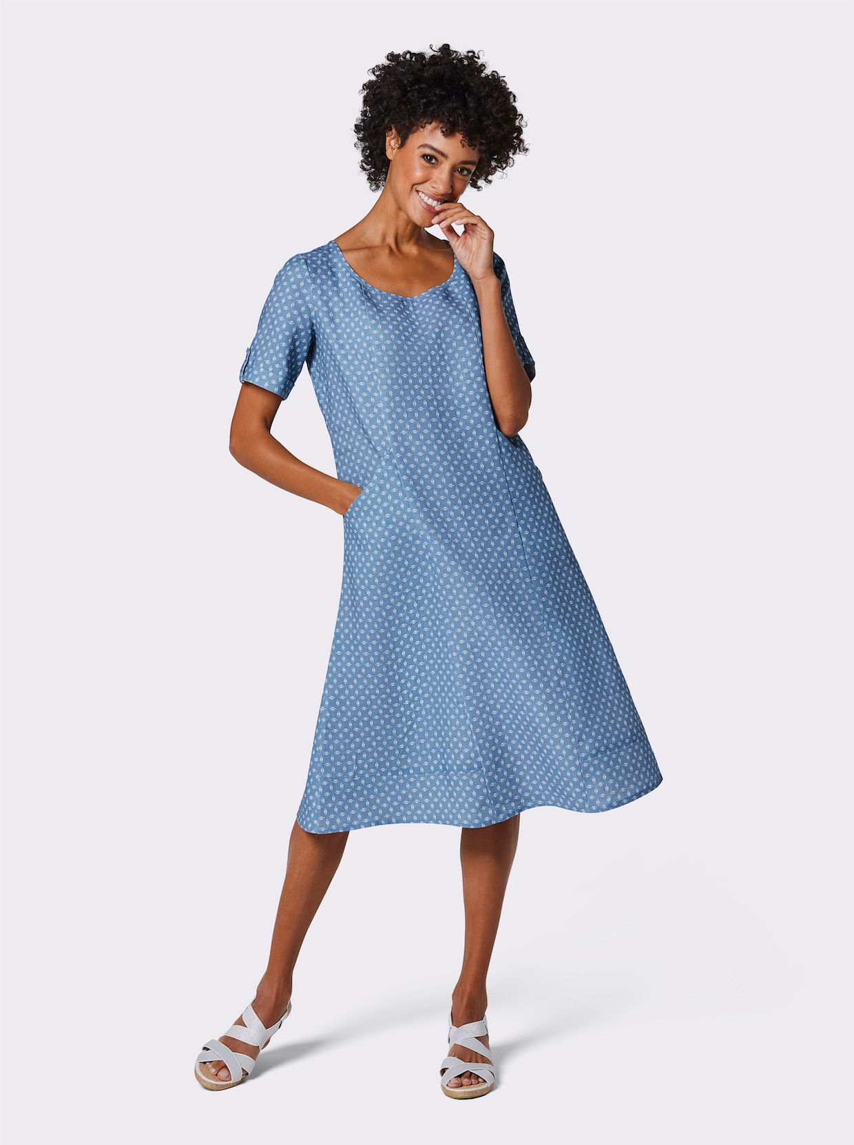 CREATION L PREMIUM A-Linien-Kleid - mittelblau-weiß-bedruckt