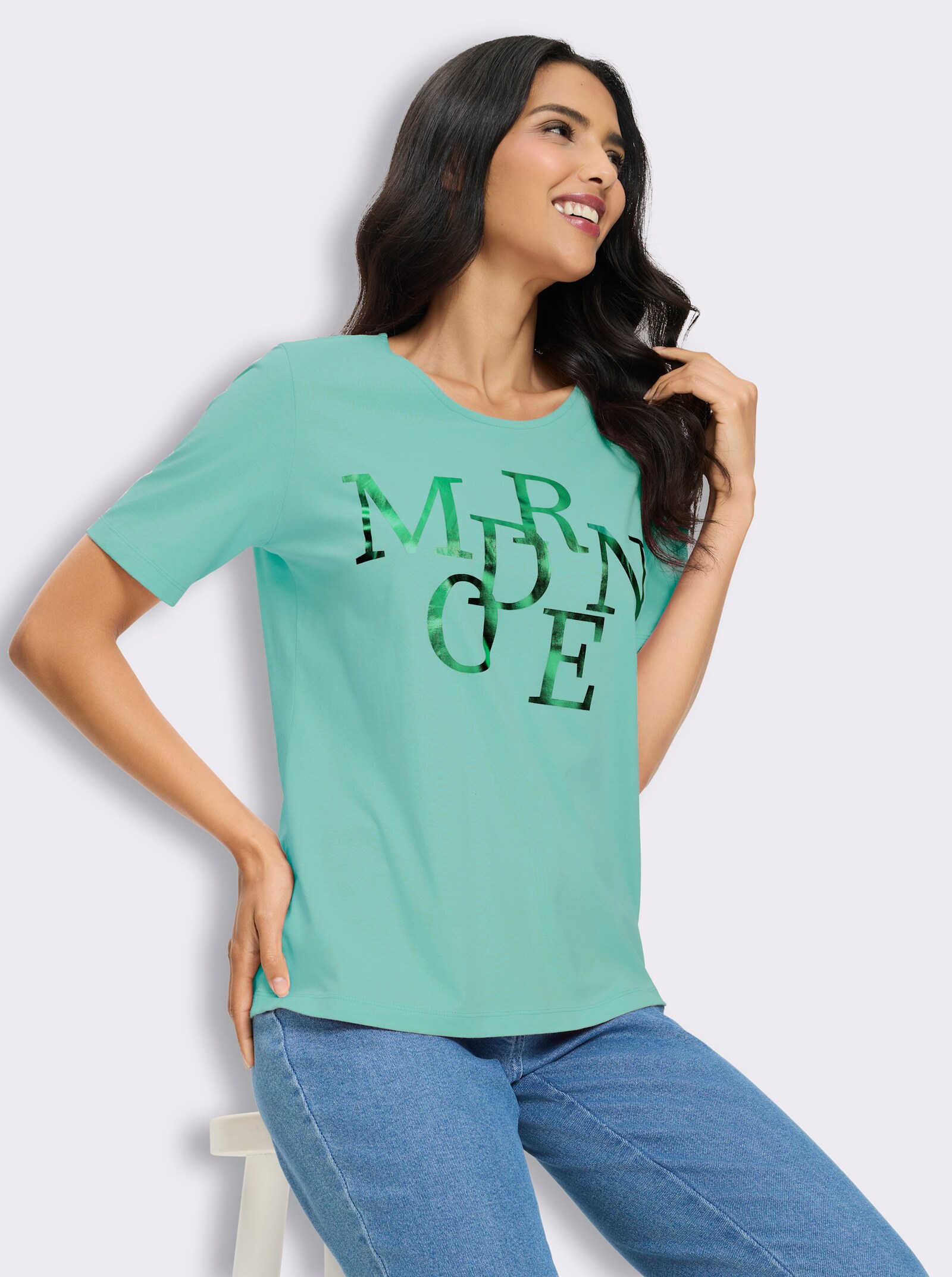 Kurzarmshirt mit Lettering-Folienprint - blaugrün