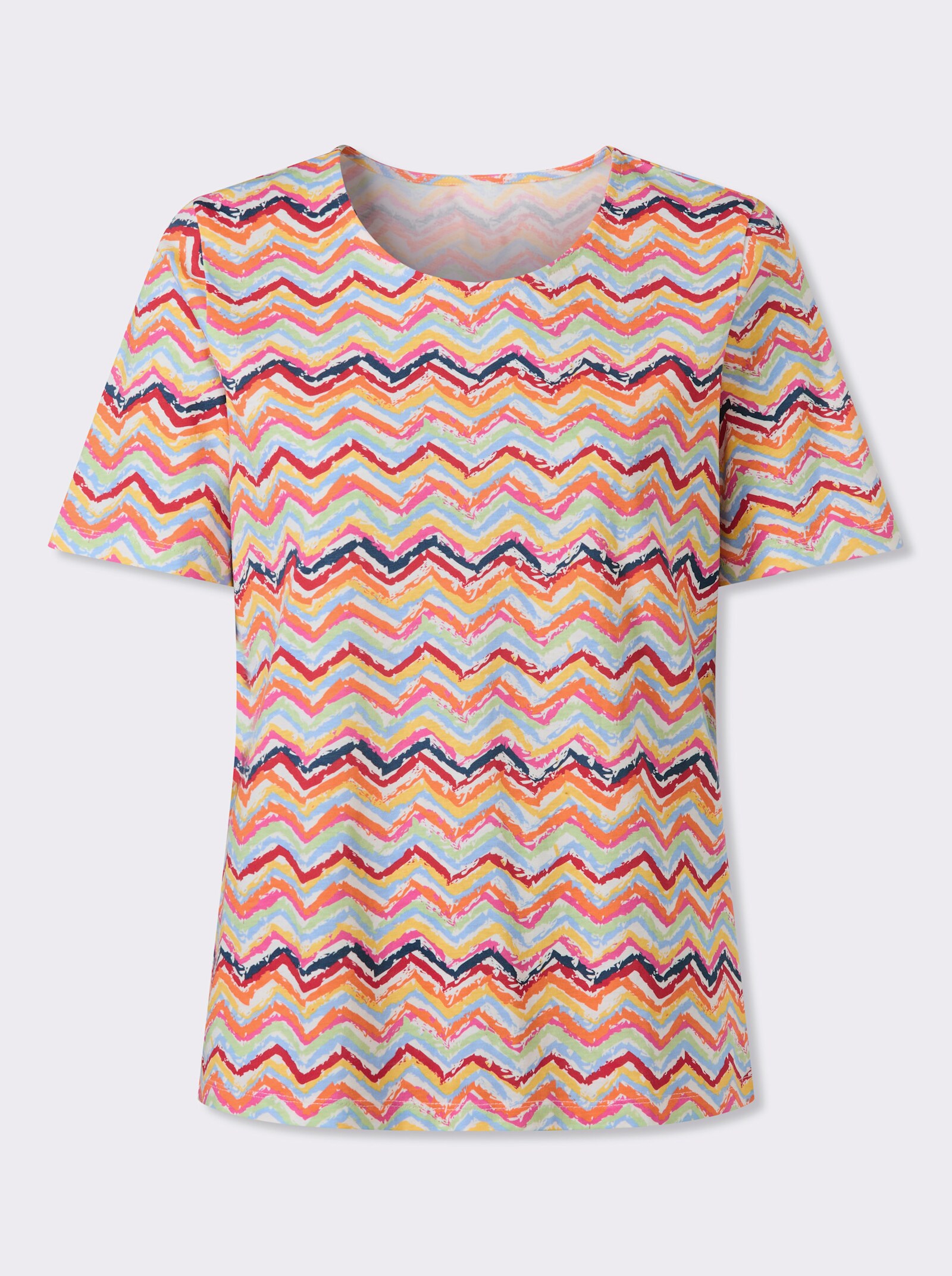 Kurzarmshirt mit Zickzack-Muster - rot-himmelblau-bedruckt