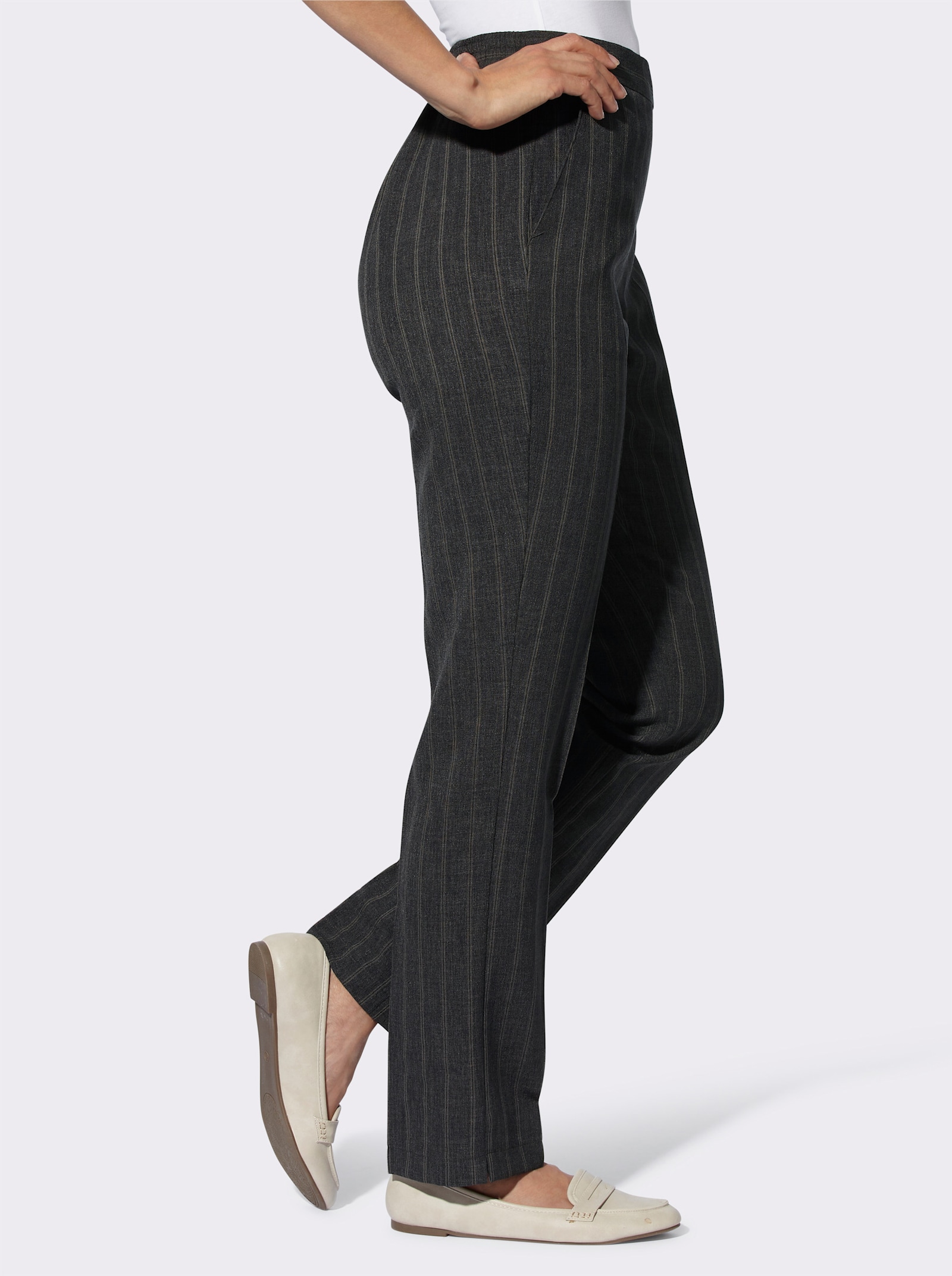 Comfortbroek met comfortband achter - grafiet gemêleerd + grafiet gestreept