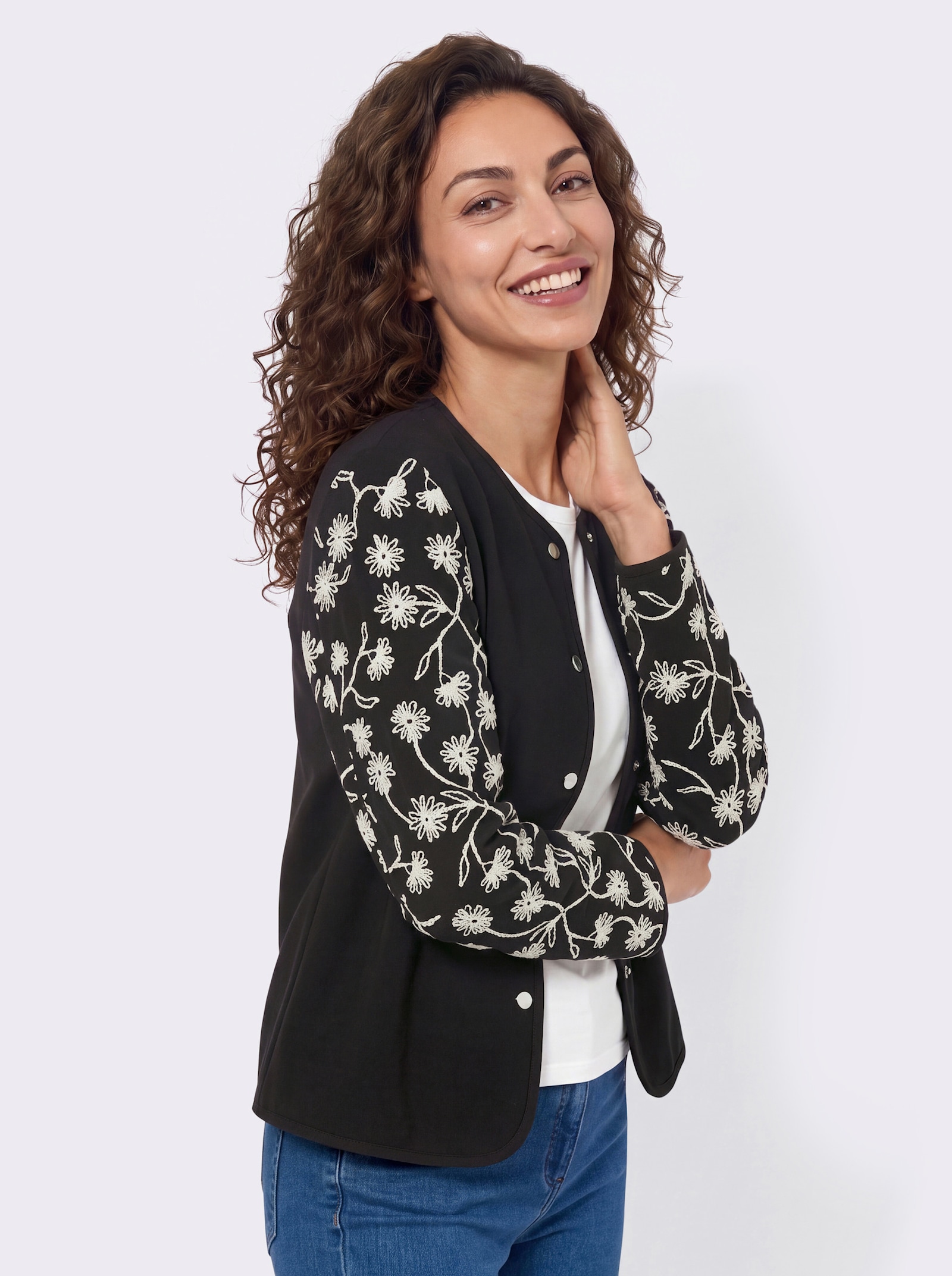 Blazer mit Blumenstickerei - schwarz-champagner