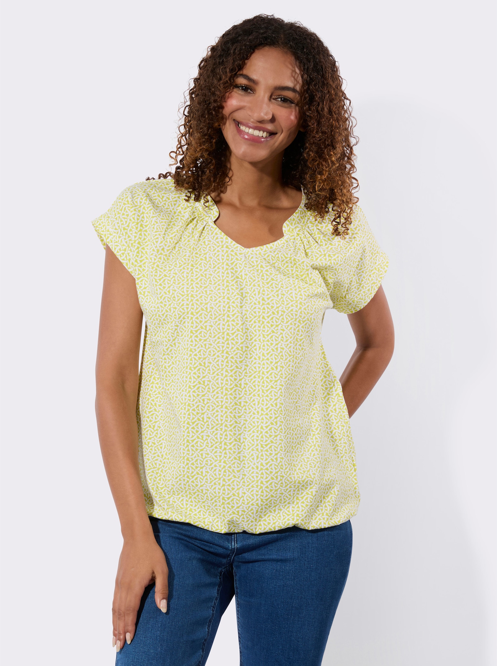 Kurzarmshirt mit kleinen Raffungen - limone-ecru-bedruckt