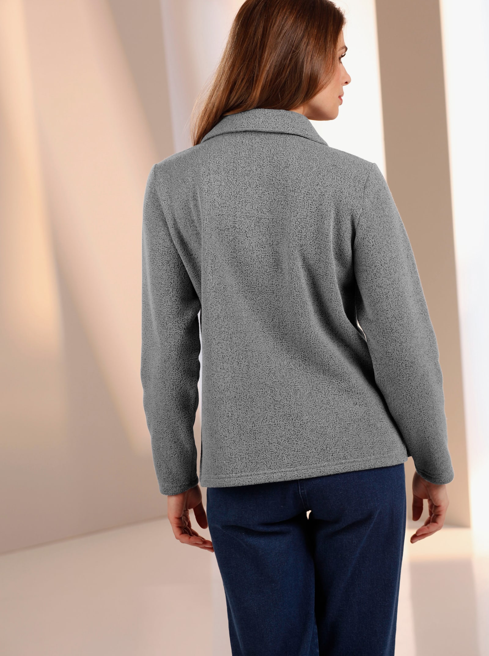 Langarm-Poloshirt mit angerautem Fleece - hellgrau-meliert