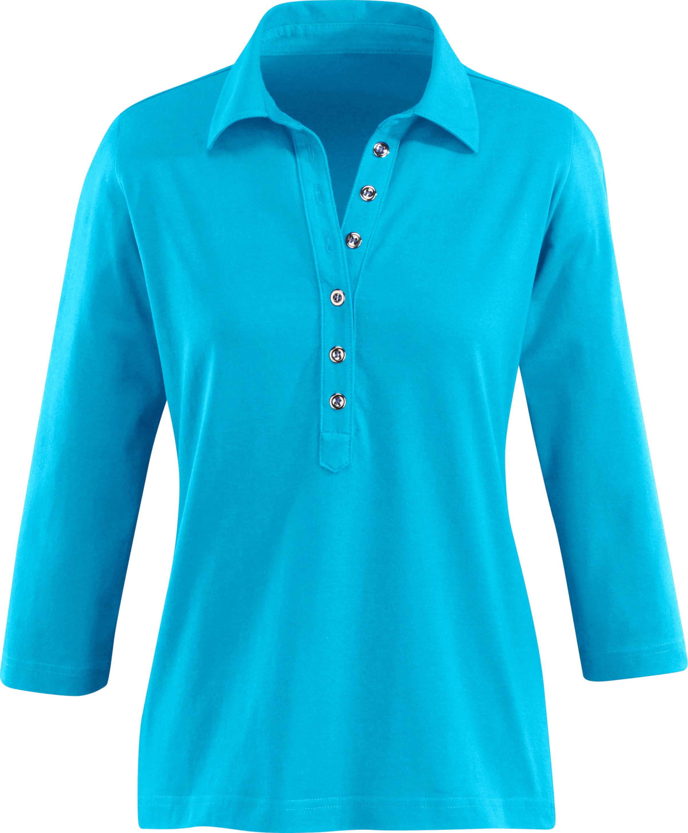 Lange günstig Kaufen-Poloshirt in aqua von heine. Poloshirt in aqua von heine <![CDATA[Poloshirt in weicher Qualität. Modisch lange Knopfleiste mit silberfarbenen Knöpfen. 3/4-­Ärmel. OCS-zertifiziertes Produkt.]]>. 