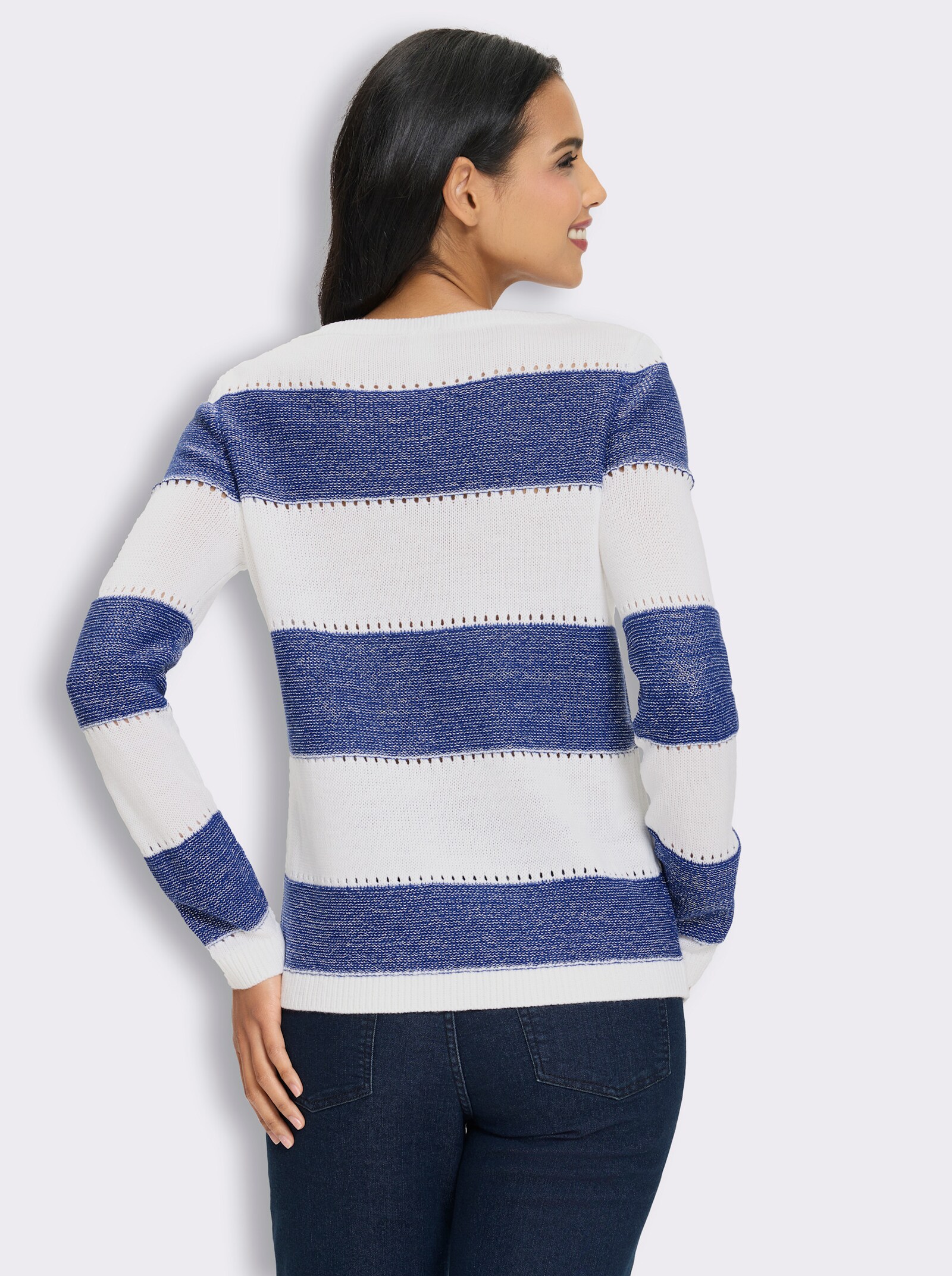 Langarm-Pullover mit Glanzgarn, Streifen-Muster - royalblau-ecru-gemustert