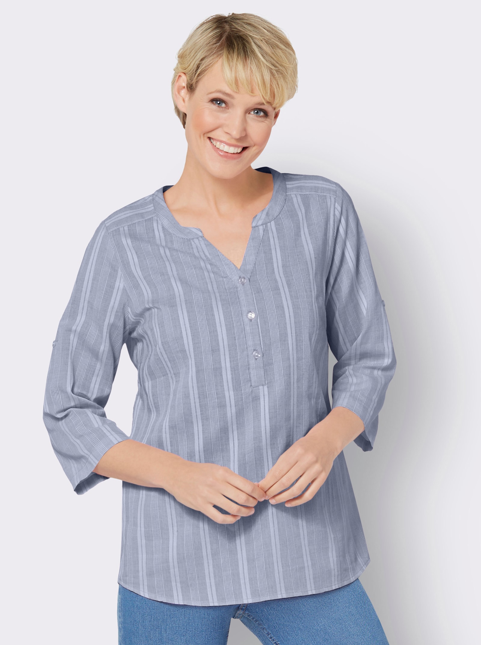 Navlékací halenka s proužky z barvené příze - holubí modrá-ecru-proužek